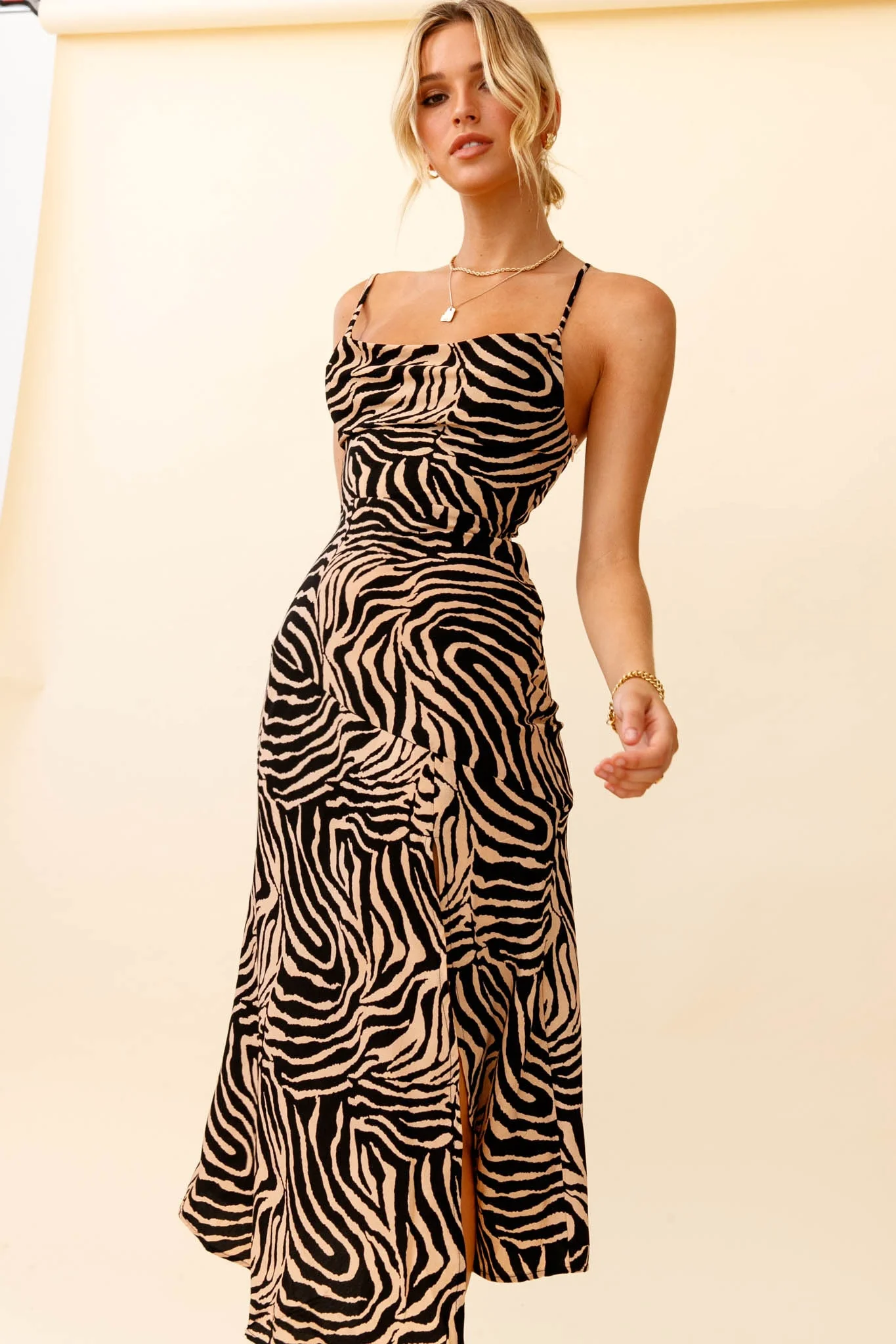 Misty Eyed Cowl Neck Thigh Split Midi Dress Animal Print Mocha - Image 8