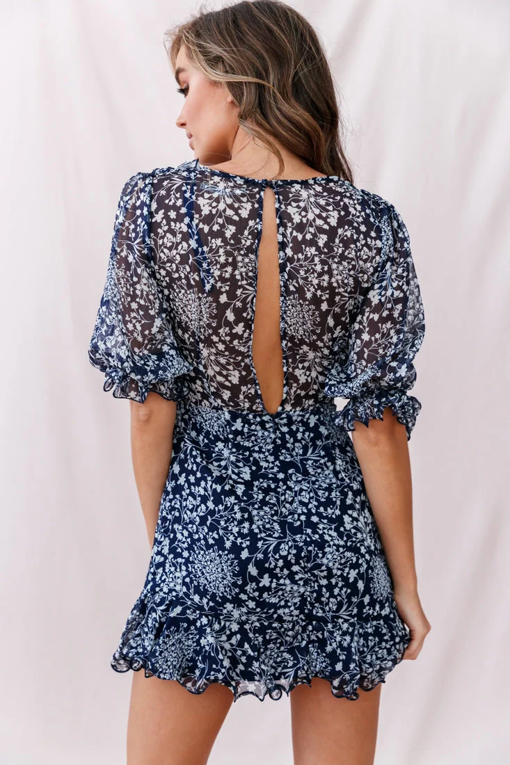 Misty Half Puff Sleeve Ruffle Detail Dress Navy - Image 3