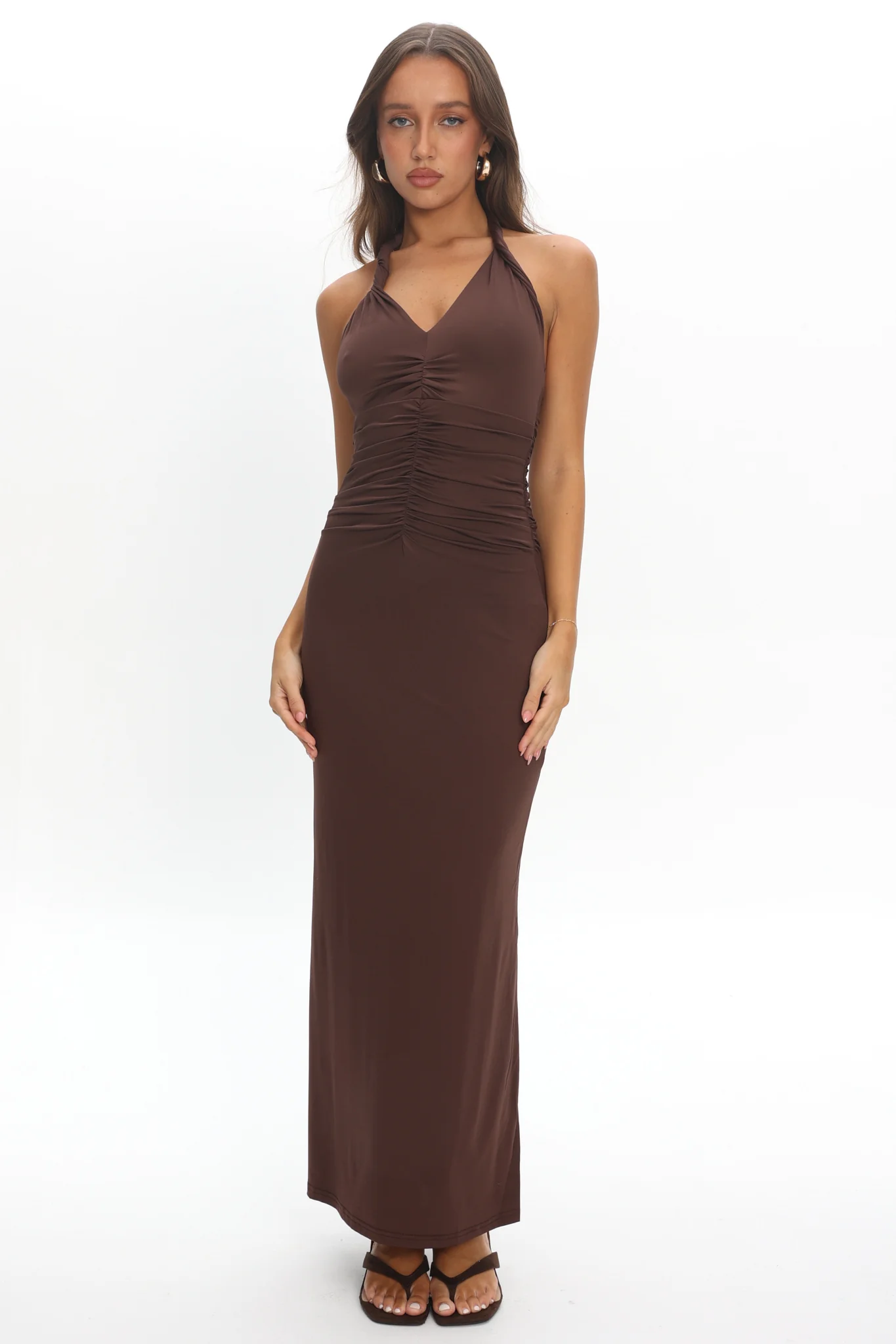 Mixed Feelings Ruched Bodice Halter Maxi Dress Chocolate - Image 2