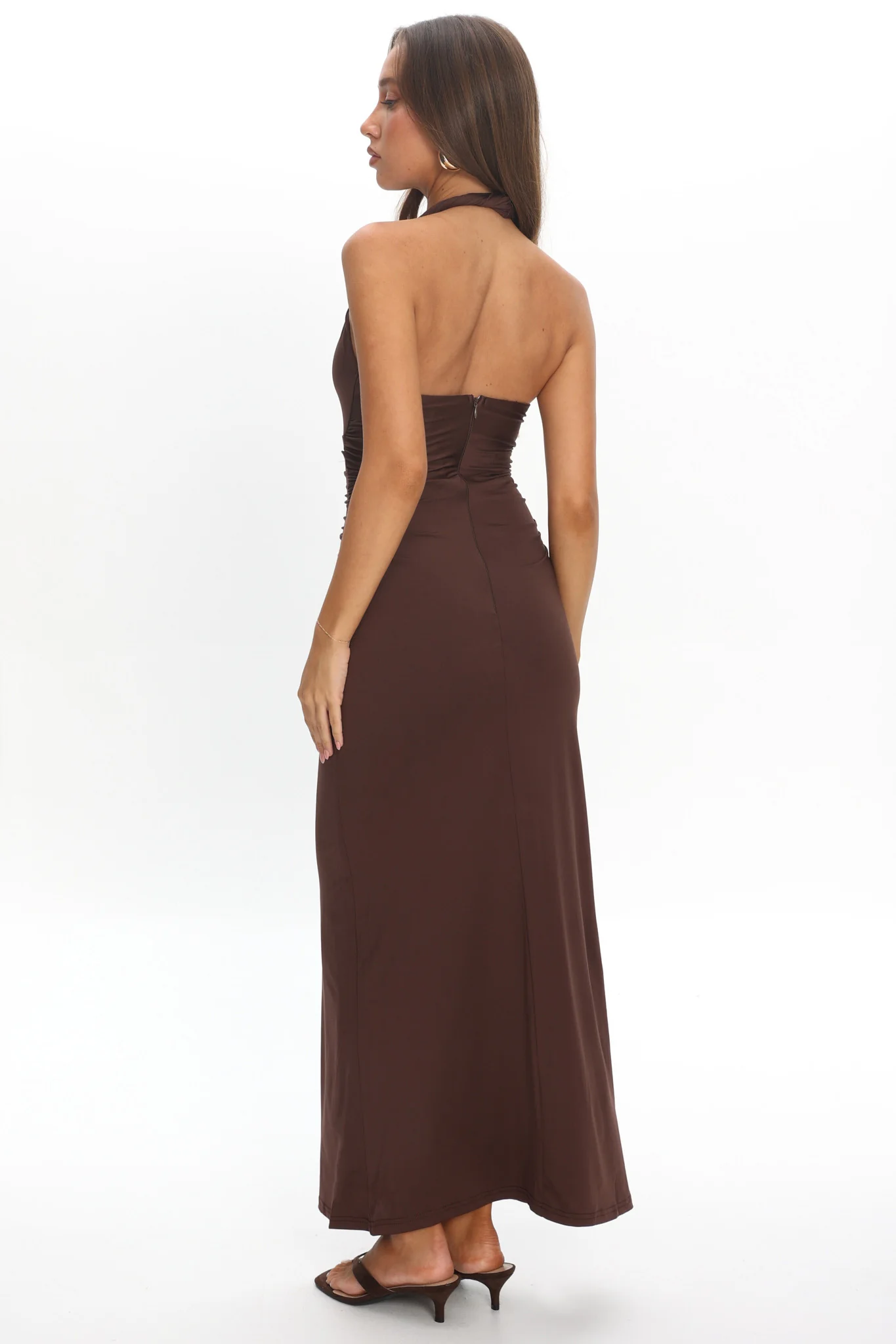 Mixed Feelings Ruched Bodice Halter Maxi Dress Chocolate - Image 3