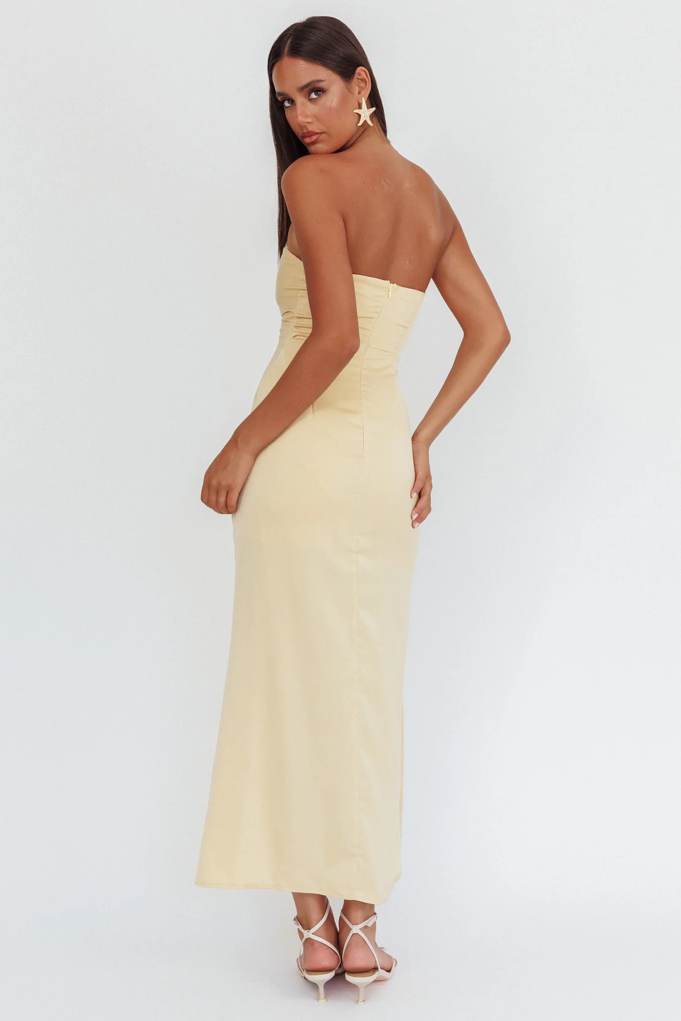Molinda Strapless Ruched Drawstring Maxi Dress Golden - Image 2