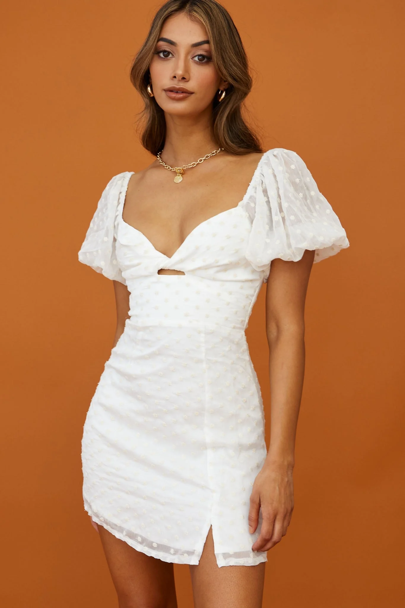 Molli Sheer Puff Sleeve Twist Feature Dress White - Image 4