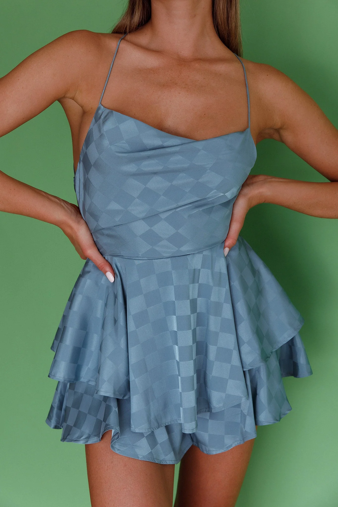Mon Cherie Cowl Neckline Lace-Up Back Romper Square Pattern Sage - Image 6