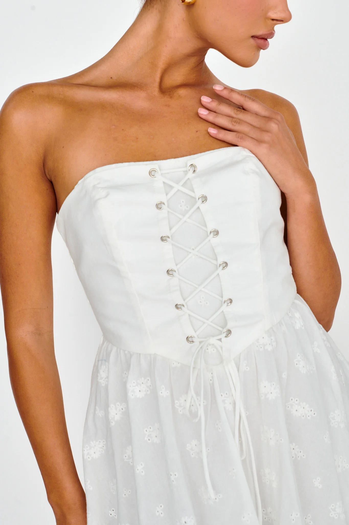 Mon Petit Lace-Up Bodice Mini Dress White - Image 3