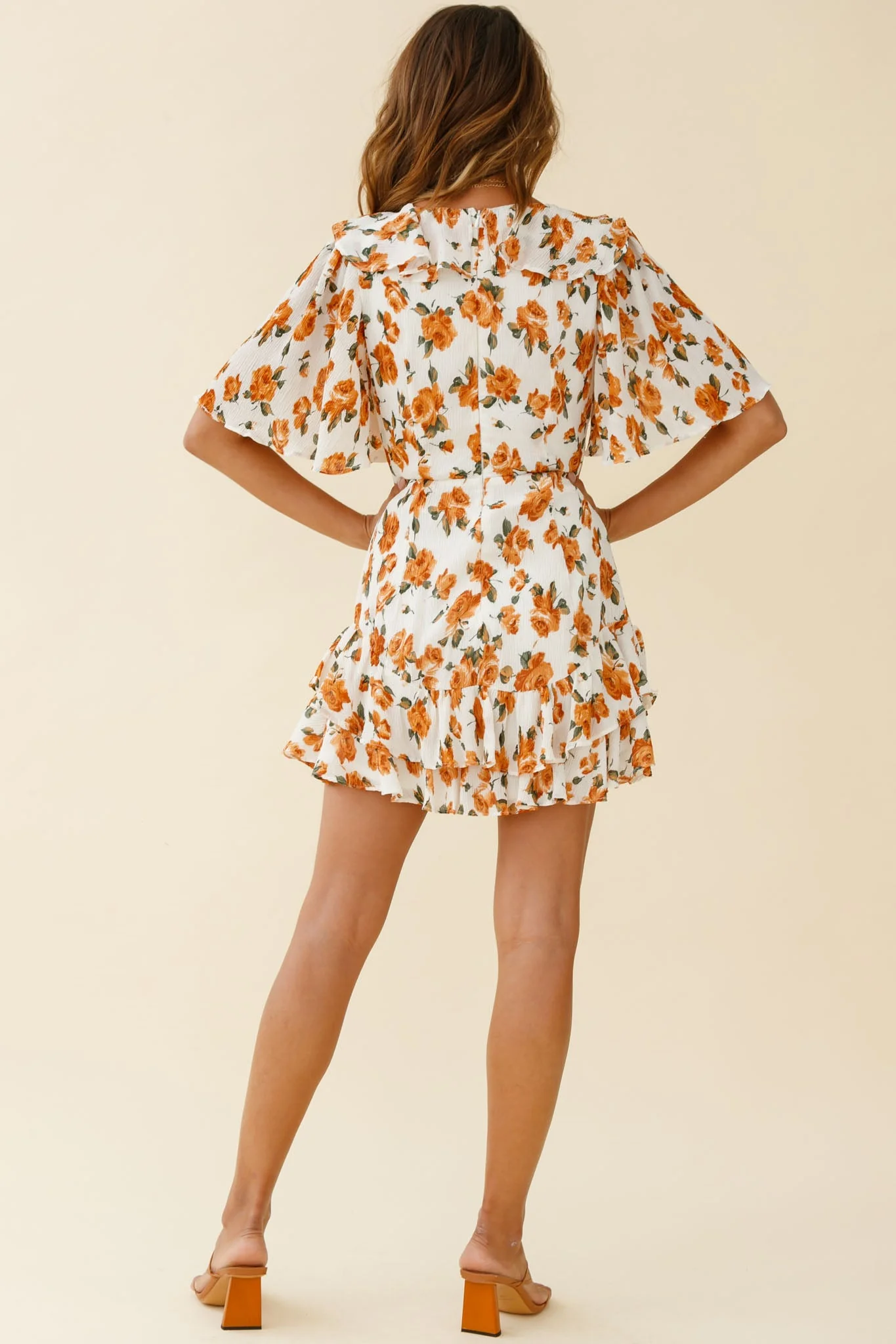 Mona Lisa Angel Sleeve Ruffle Trim Dress Rose Print Dress White/Tan - Image 3