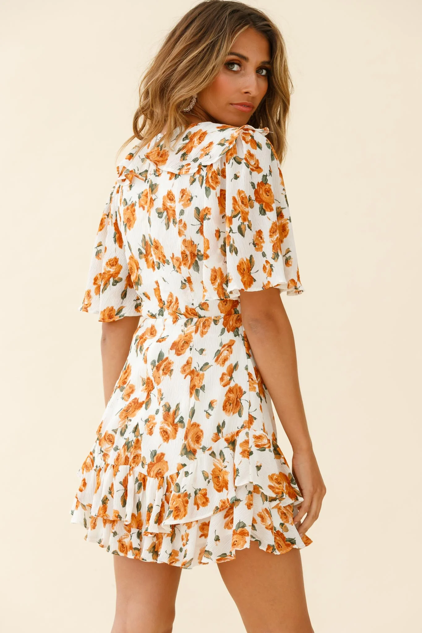 Mona Lisa Angel Sleeve Ruffle Trim Dress Rose Print Dress White/Tan - Image 6
