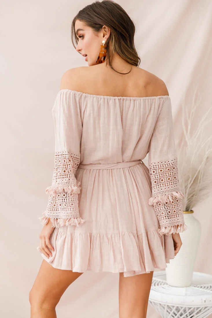 Mona Off-Shoulder Embellished Sleeve Dress Mocha - Image 3
