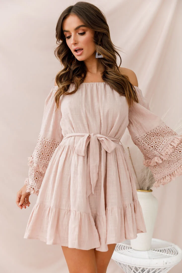 Mona Off-Shoulder Embellished Sleeve Dress Mocha - Image 5