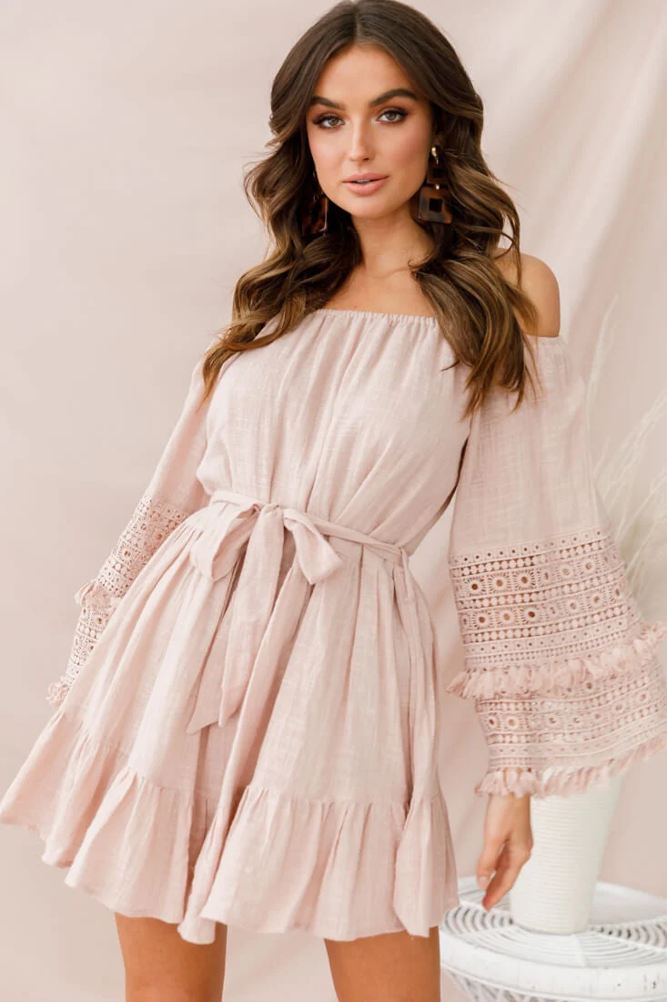 Mona Off-Shoulder Embellished Sleeve Dress Mocha - Image 6