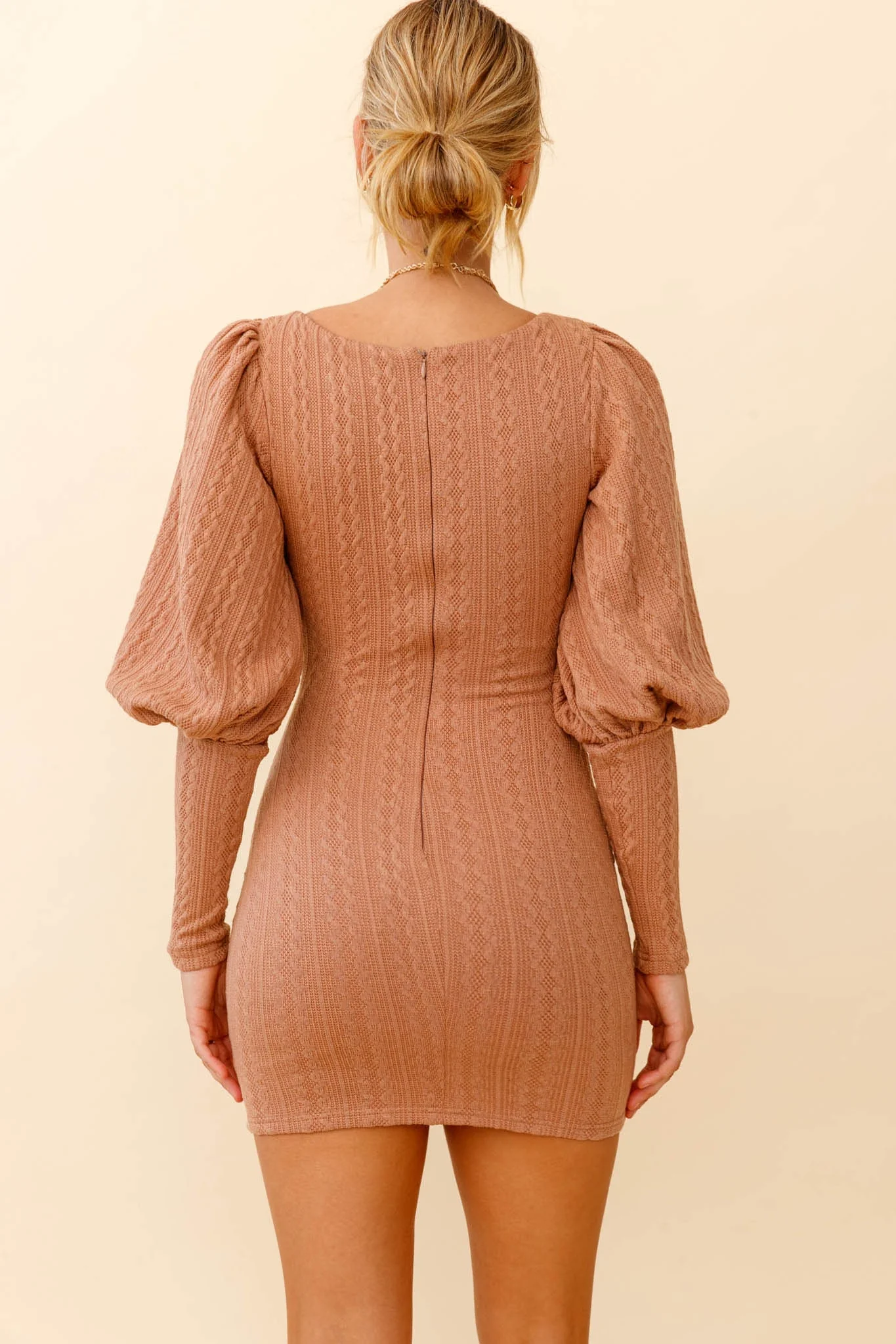 Moneymaker Lantern Sleeve Mini Dress Mocha - Image 2