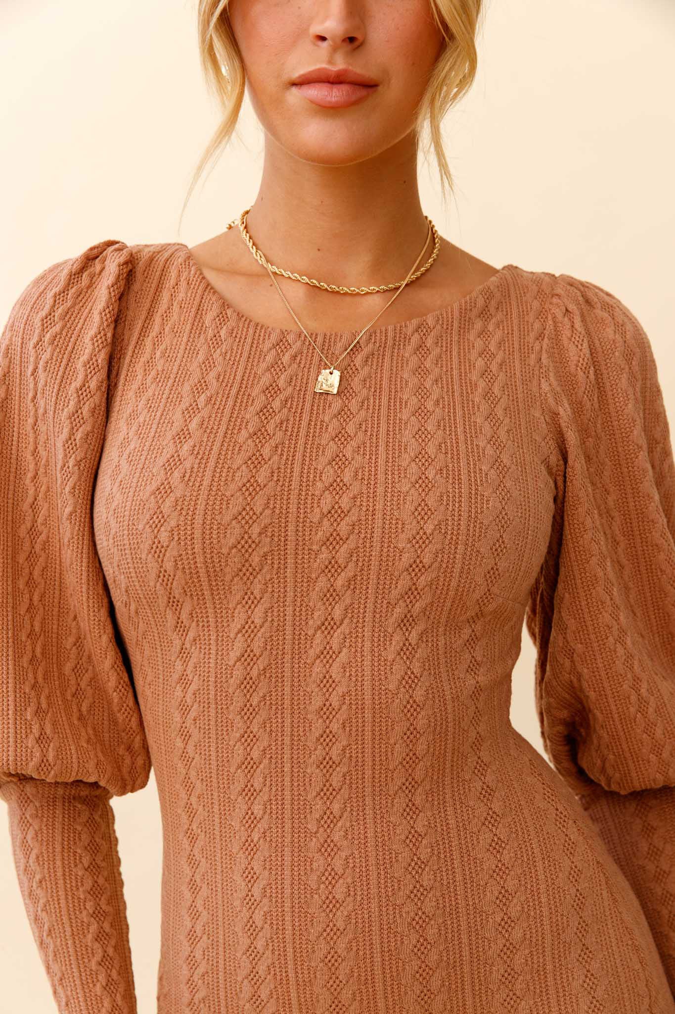 Moneymaker Lantern Sleeve Mini Dress Mocha - Image 4
