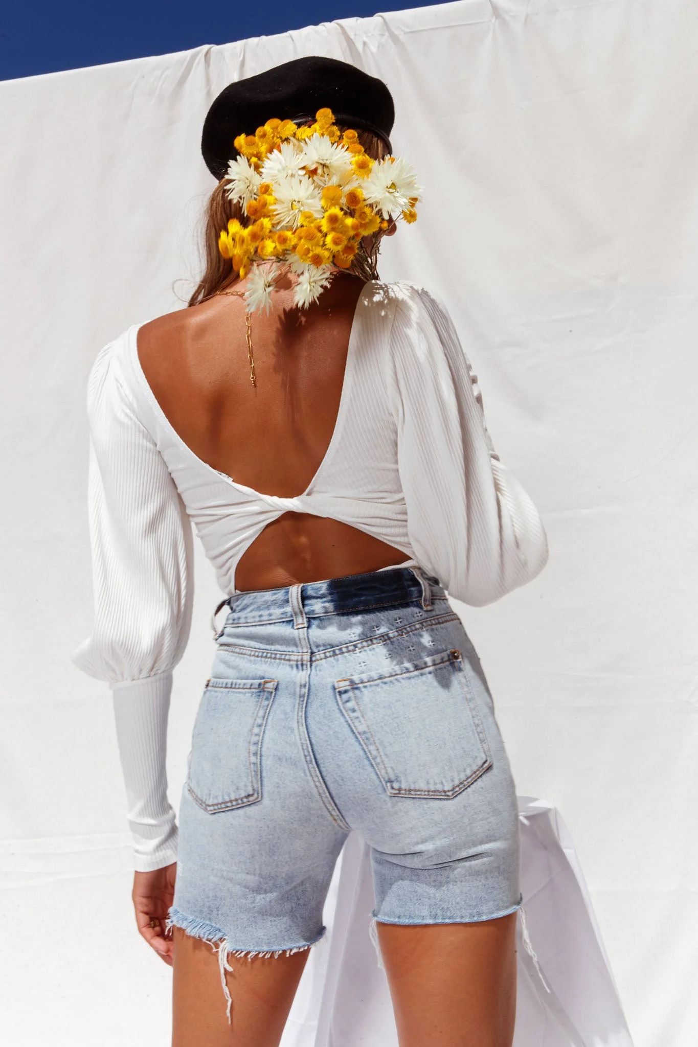 Moneymaker Lantern Sleeve Open Back Bodysuit White - Image 8
