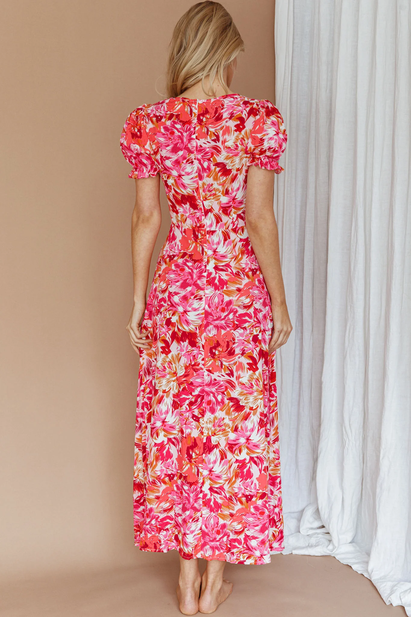 Montebello Puff Sleeve Maxi Dress Floral Pink/Orange - Image 3