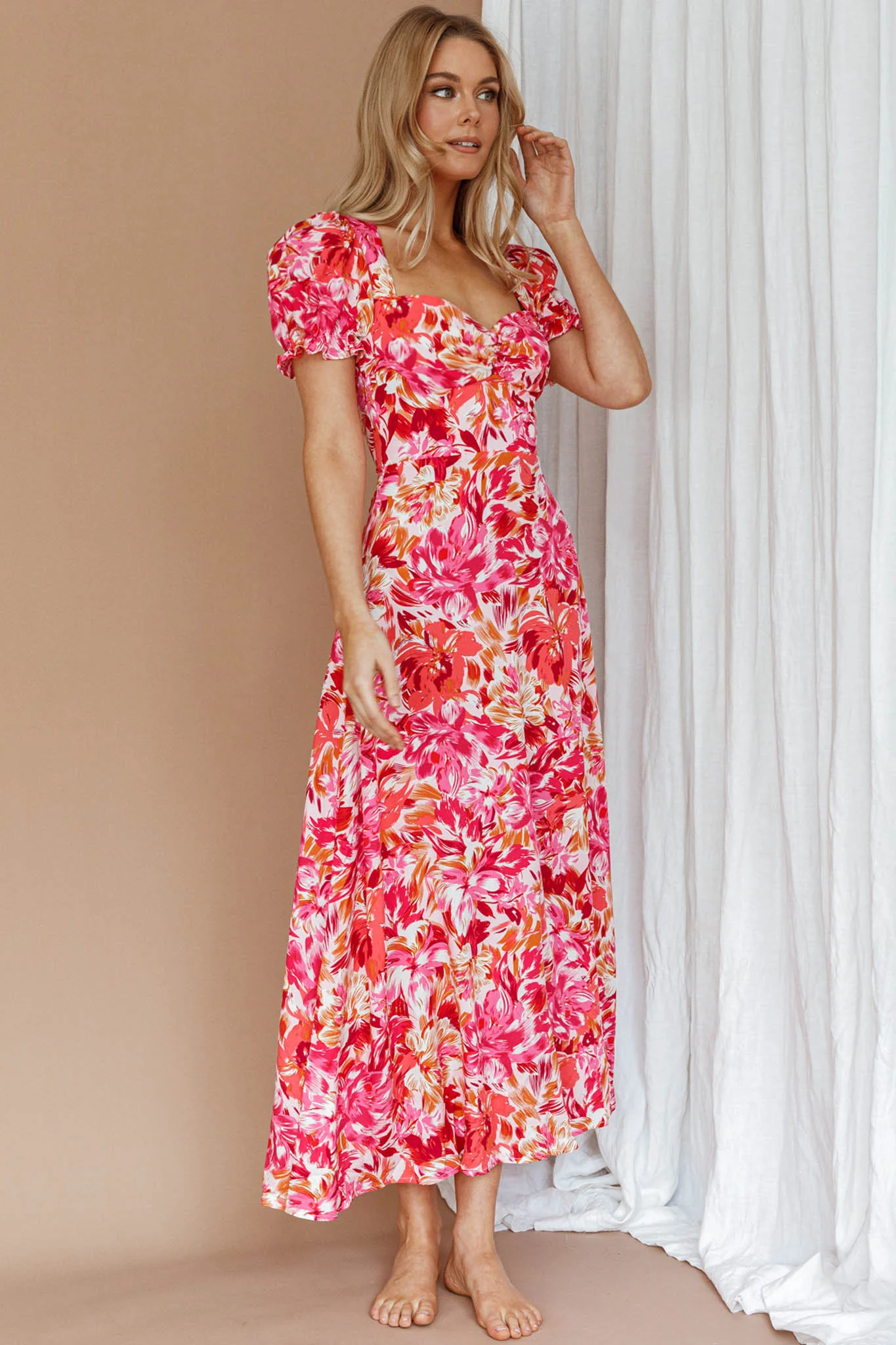 Montebello Puff Sleeve Maxi Dress Floral Pink/Orange - Image 5
