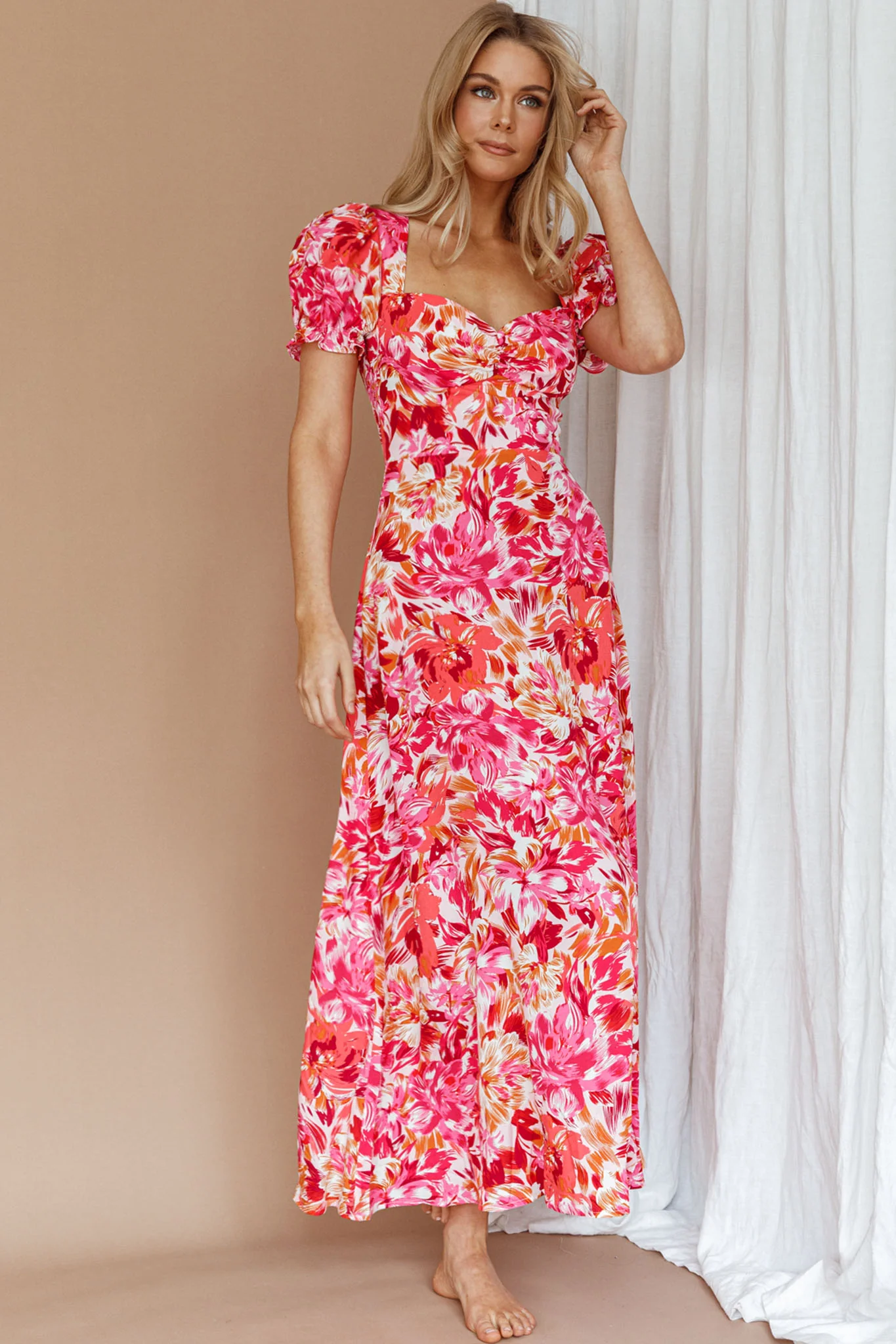 Montebello Puff Sleeve Maxi Dress Floral Pink/Orange - Image 6