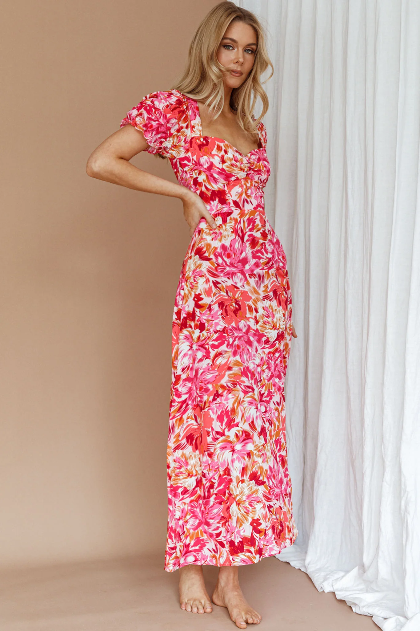 Montebello Puff Sleeve Maxi Dress Floral Pink/Orange - Image 7
