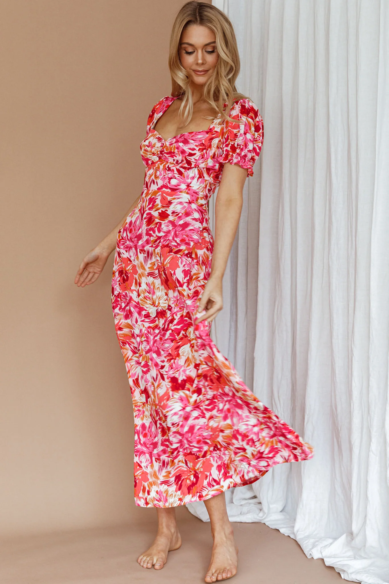 Montebello Puff Sleeve Maxi Dress Floral Pink/Orange - Image 8