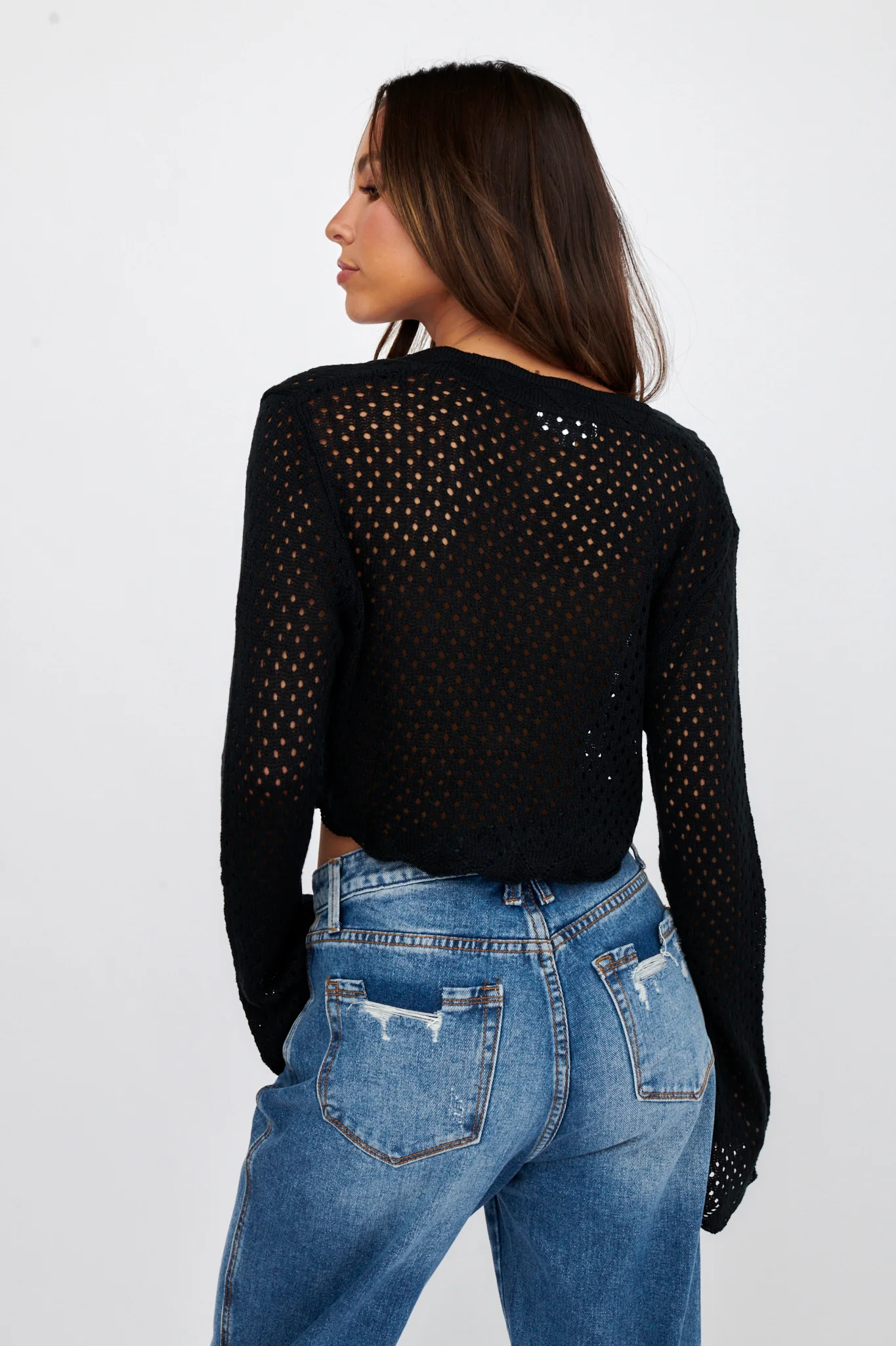 Moon Phase Long Sleeve Crochet Top Black - Image 2