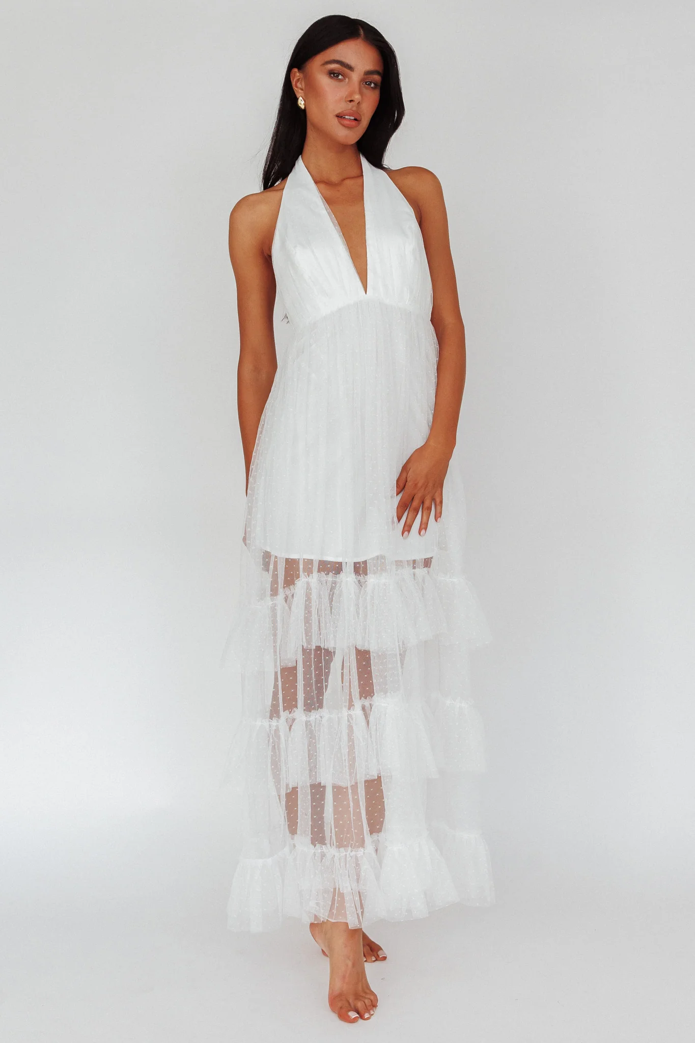 Moonlight Sonata Ruffle Mesh Maxi Dress Hail Spot White - Image 3