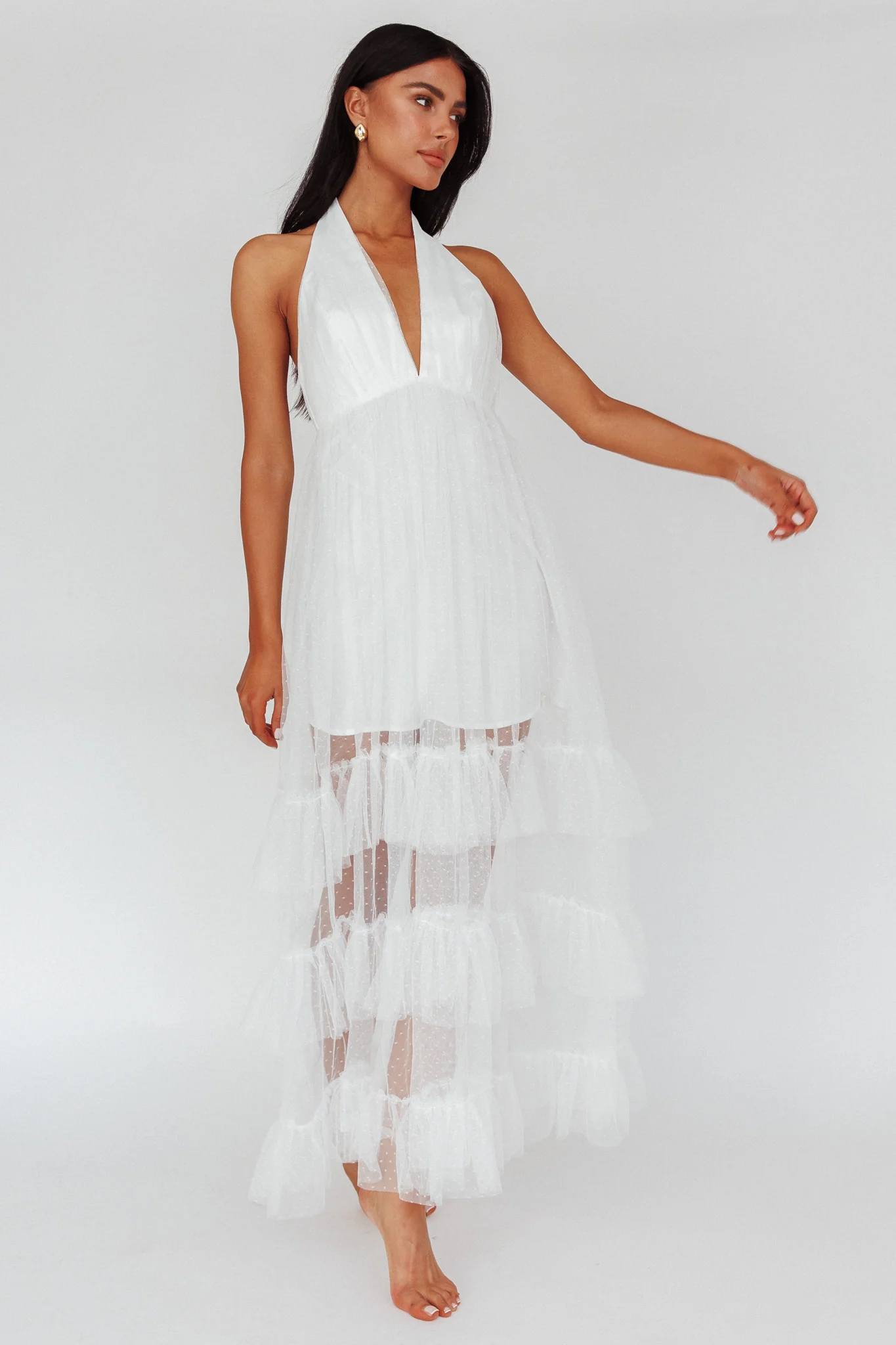 Moonlight Sonata Ruffle Mesh Maxi Dress Hail Spot White - Image 5