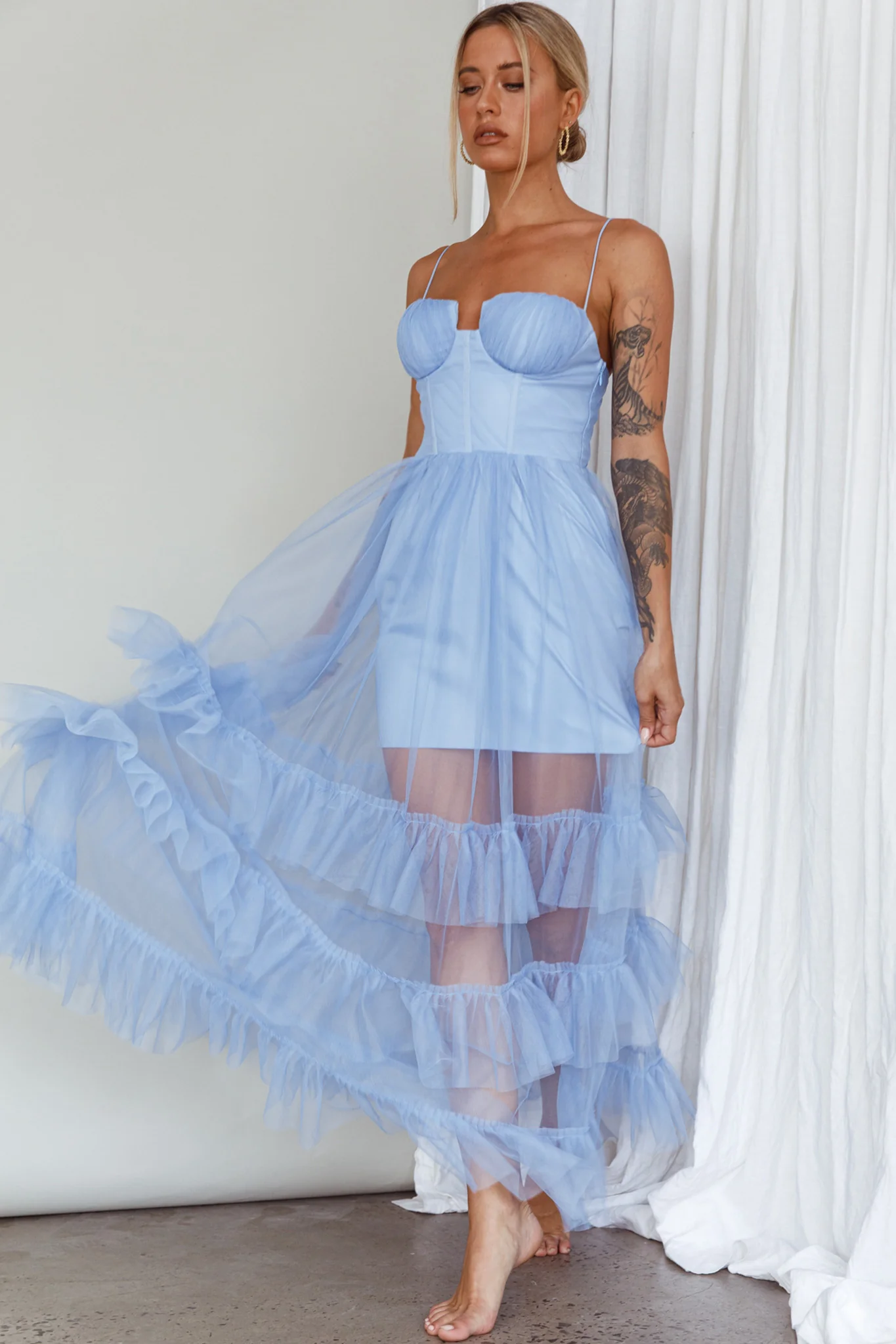 Moonlight Sonata Ruffle Mesh Maxi Dress Sky Blue - Image 3