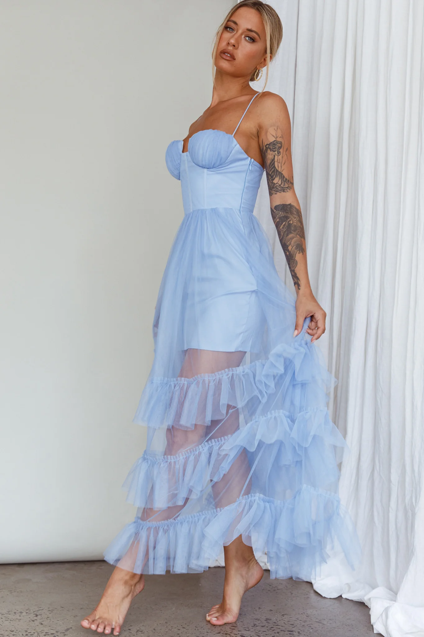 Moonlight Sonata Ruffle Mesh Maxi Dress Sky Blue - Image 5