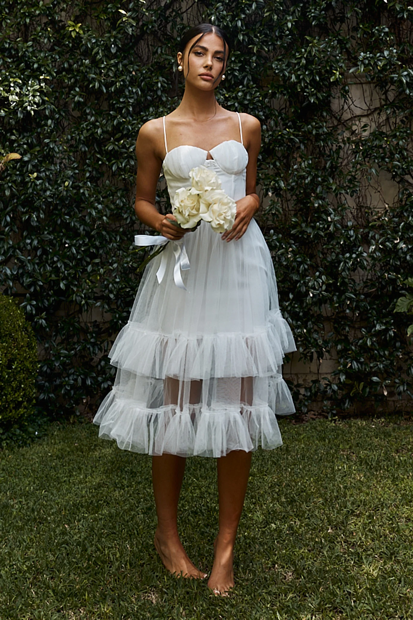 Moonlight Sonata Ruffle Mesh Midi Dress White - Image 6