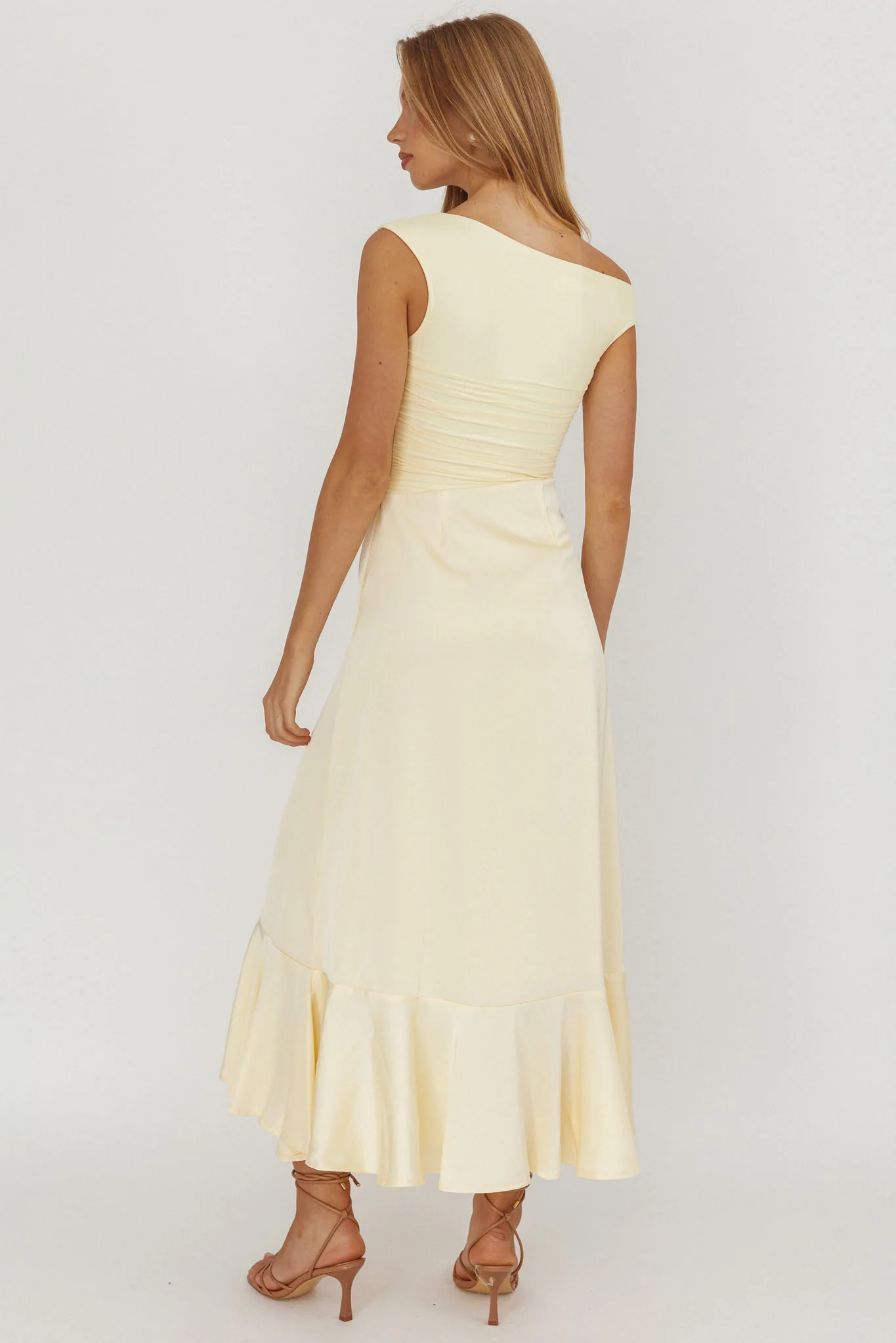 Moonlit Magic Asymmetric Neckline Satin Ruffle Dress Butter - Image 2
