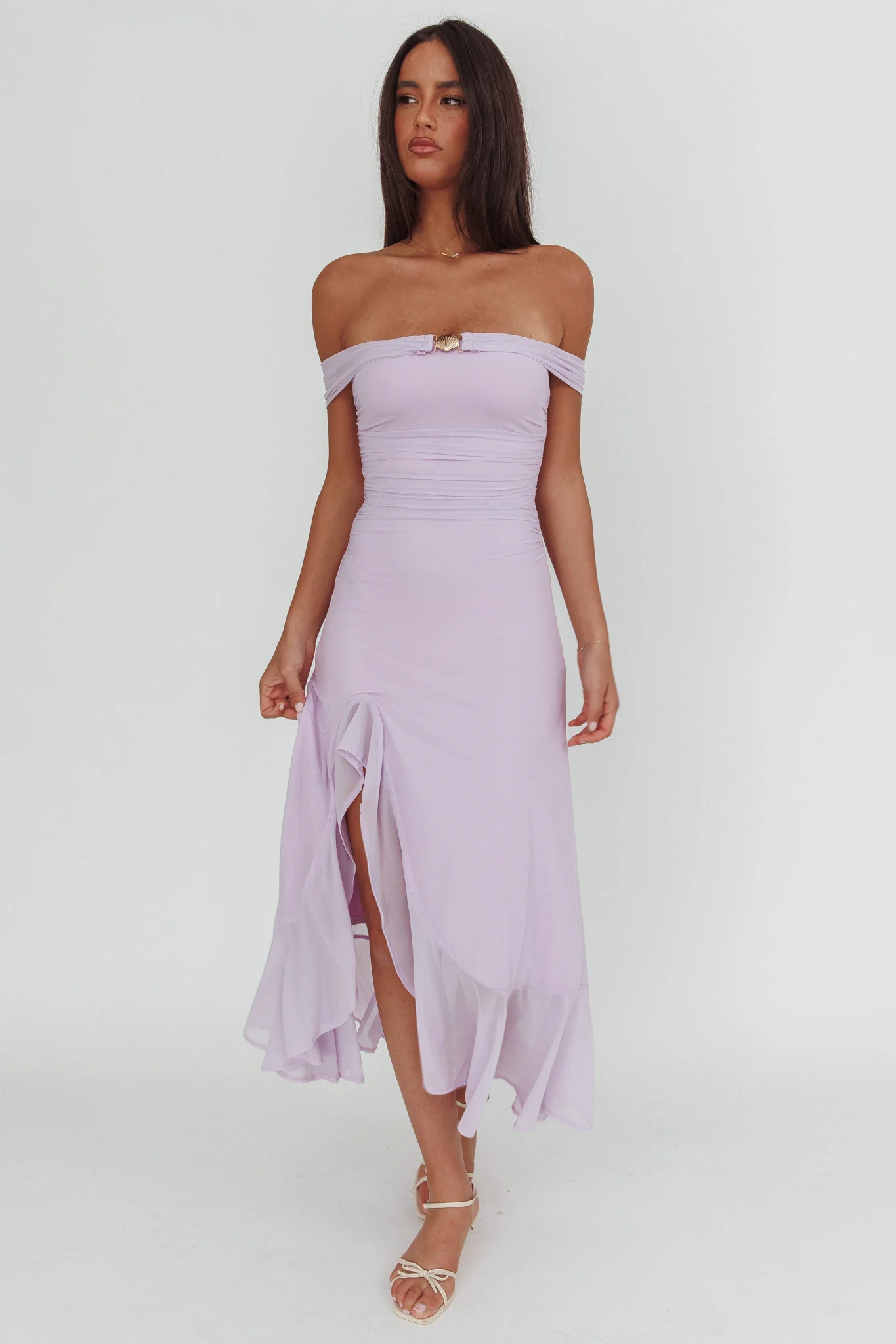 Moonlit Magic Off-Shoulder Split Maxi Dress Lilac - Image 4