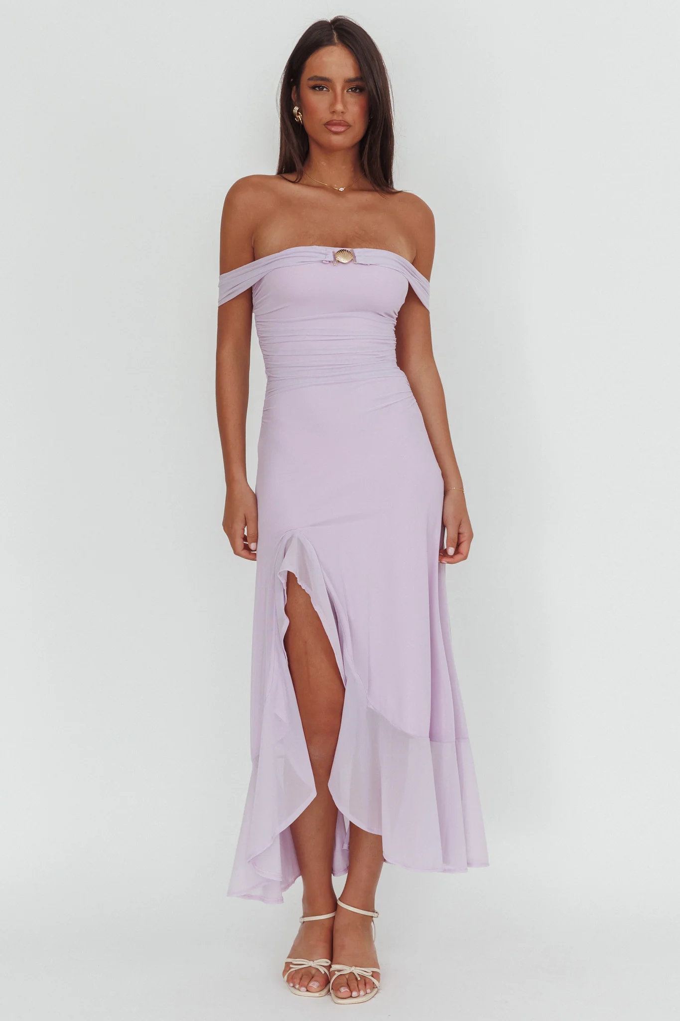 Moonlit Magic Off-Shoulder Split Maxi Dress Lilac - Image 5