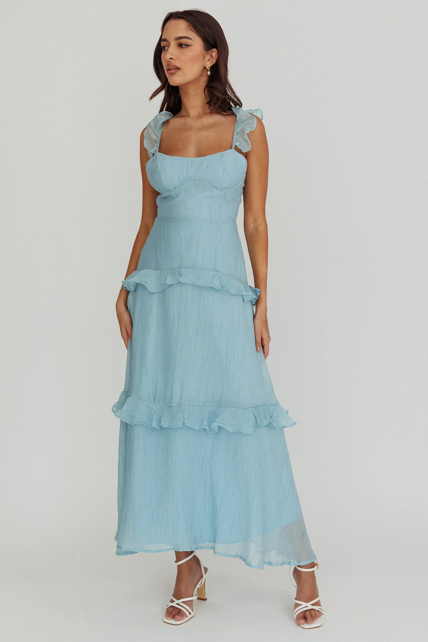 Moonlit Moment Ruffle Trim Lace-Up Back Maxi Dress Blue - Image 3
