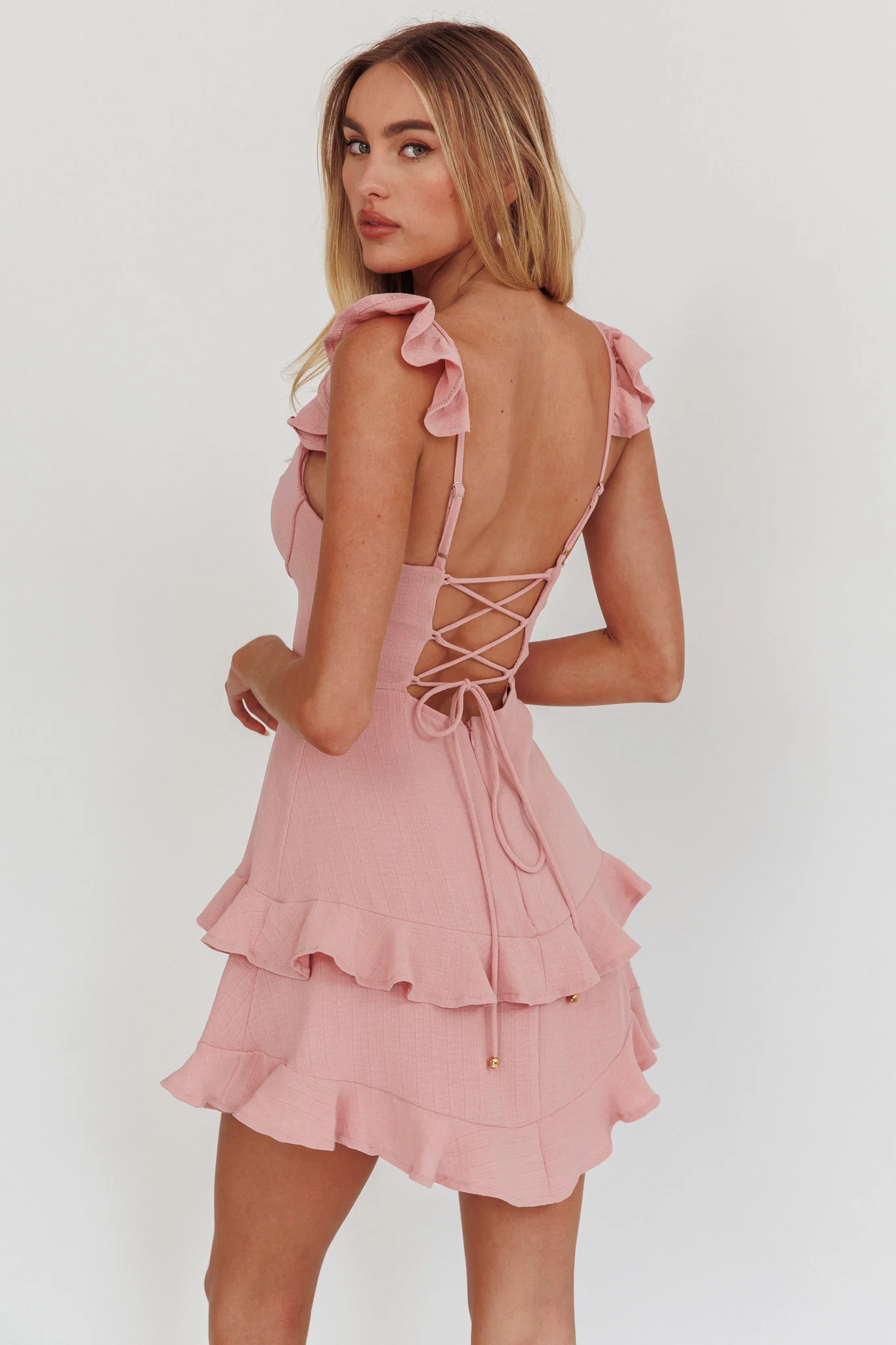 Moonlit Moment Ruffle Trim Piping Detail Lace-Up Back Dress Dusty Rose - Image 3