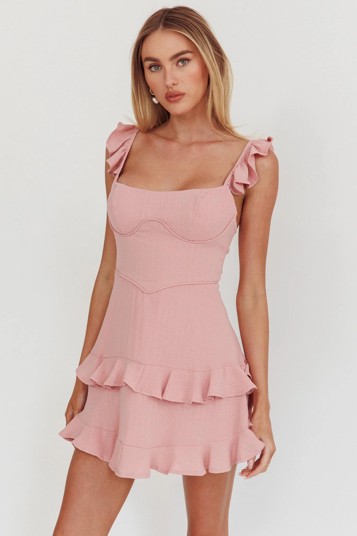 Moonlit Moment Ruffle Trim Piping Detail Lace-Up Back Dress Dusty Rose - Image 5