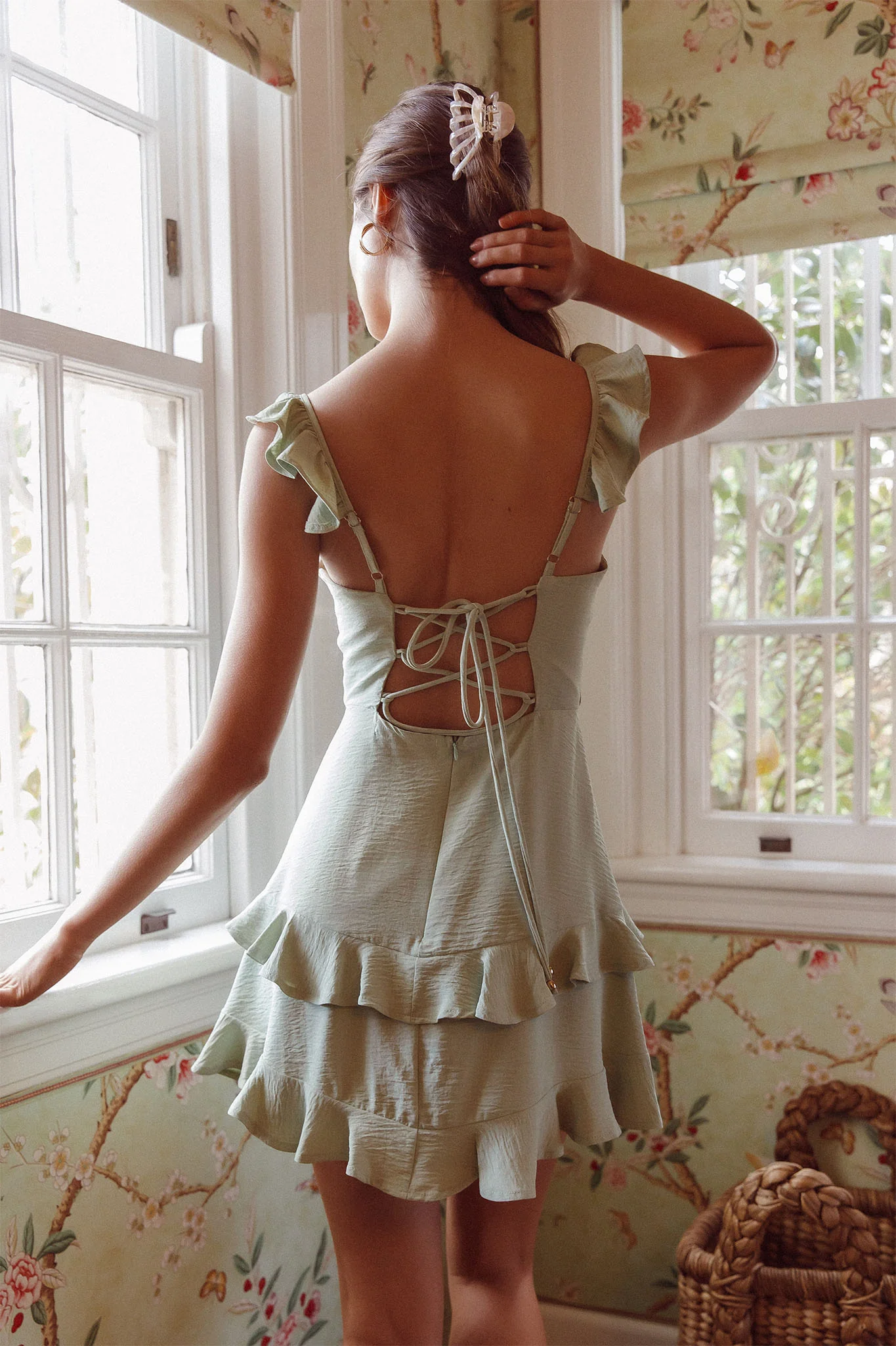 Moonlit Moment Ruffle Trim Piping Detail Lace-Up Back Dress Sage - Image 2