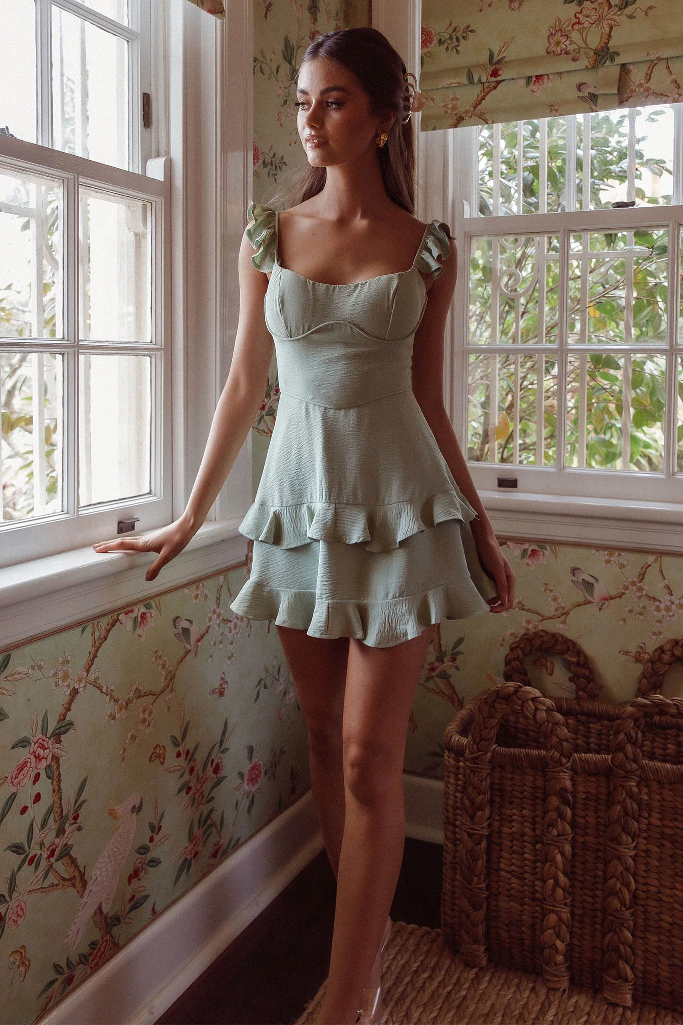 Moonlit Moment Ruffle Trim Piping Detail Lace-Up Back Dress Sage - Image 3
