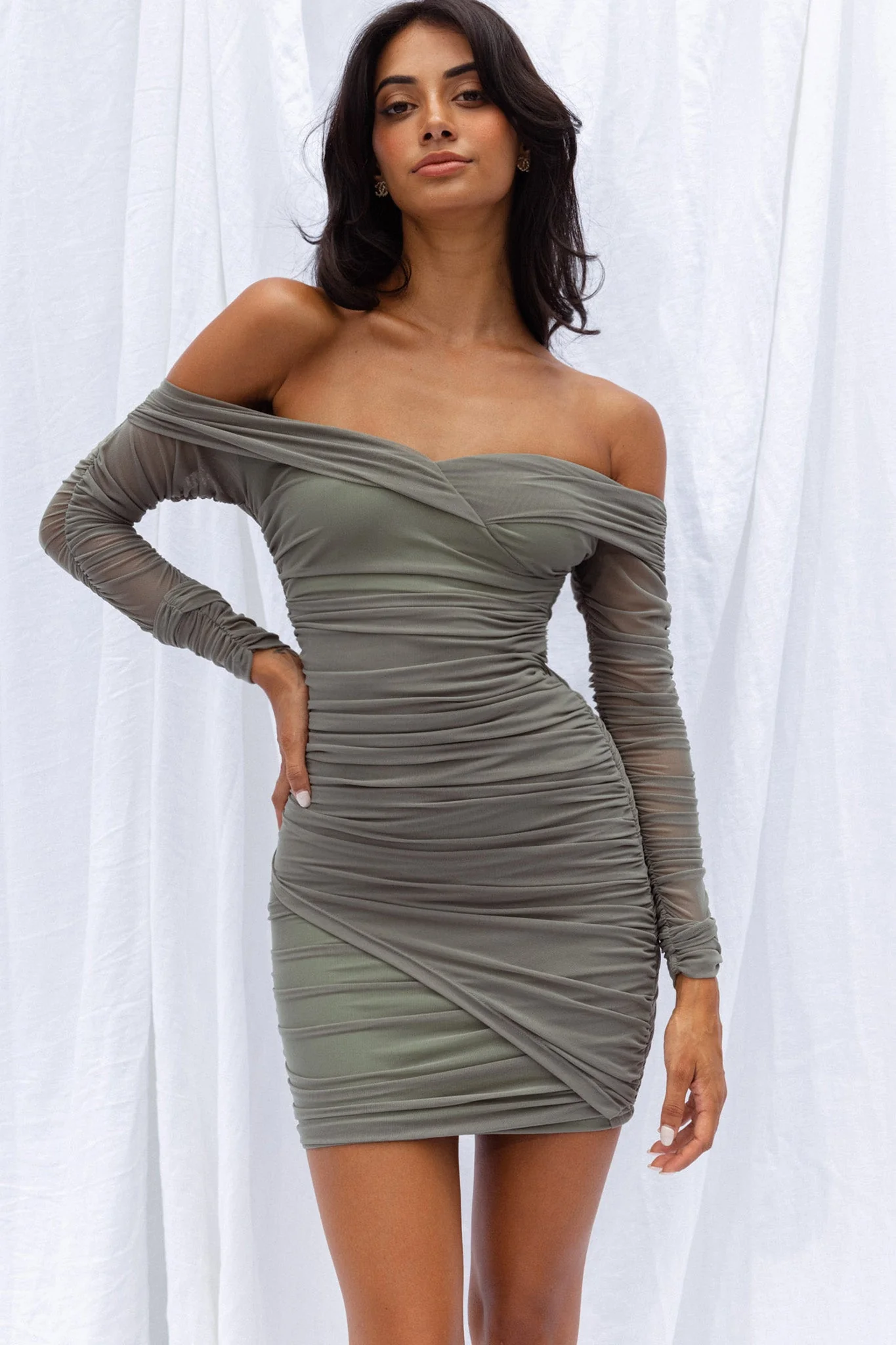 Moonrise Off-Shoulder Crossover Neckline Long Sleeve Ruched Dress Olive - Image 4