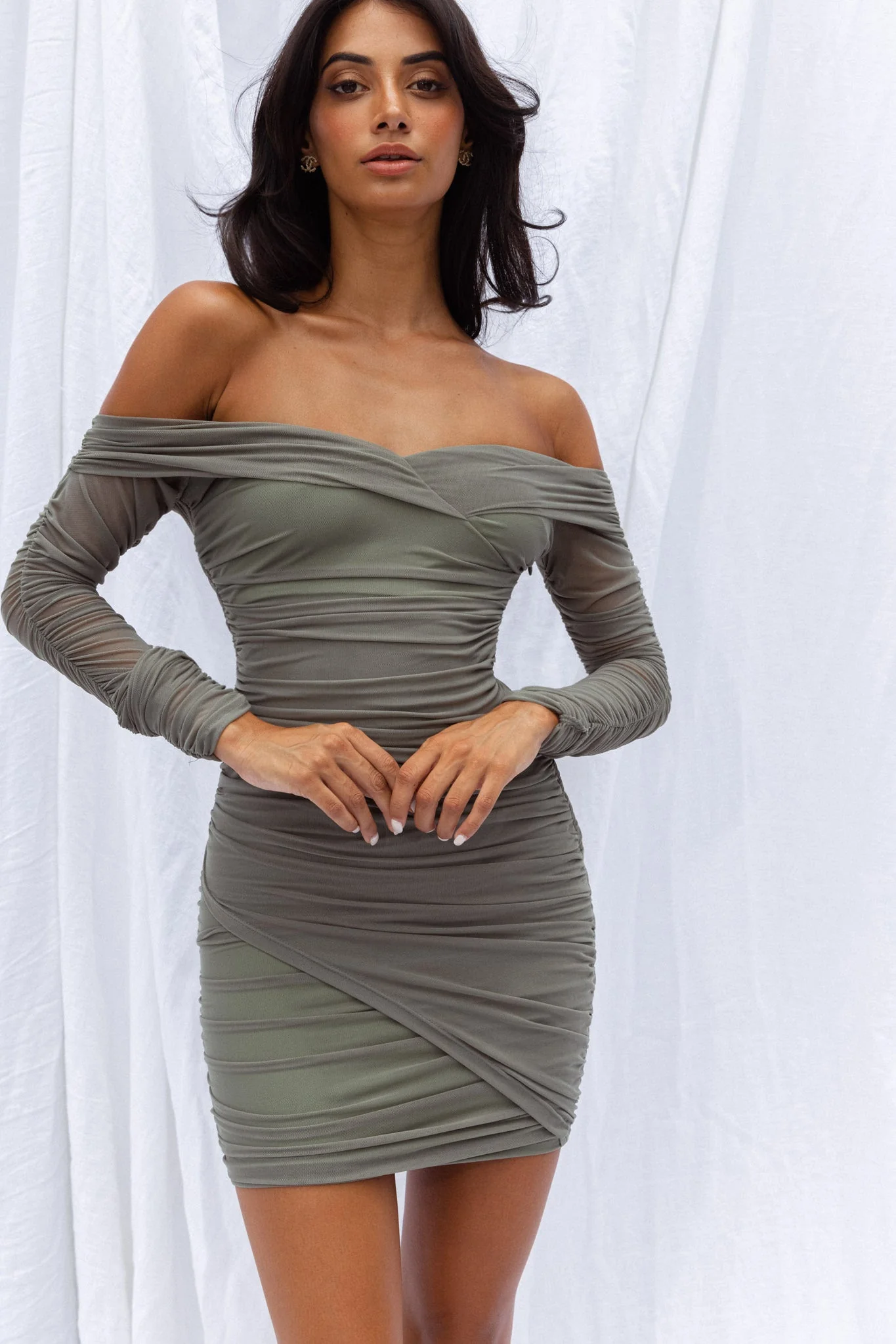 Moonrise Off-Shoulder Crossover Neckline Long Sleeve Ruched Dress Olive - Image 6