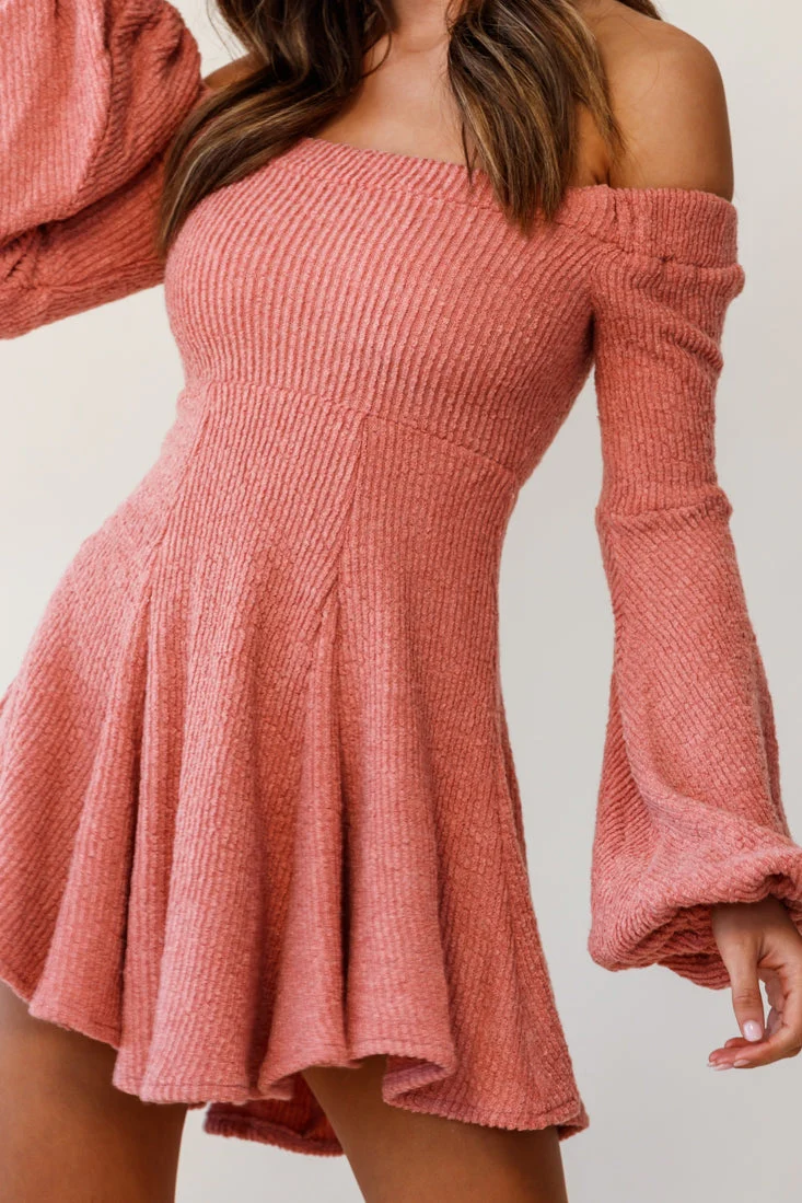Morais Puff Sleeve Off Shoulder Fit and Flare Sweater Dress Rose - Image 3
