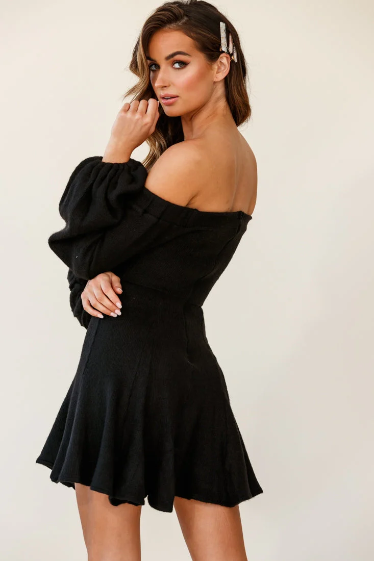 Morais Puff Sleeve Off the Shoulder Fit and Flare Sweater Dress Black - Image 3