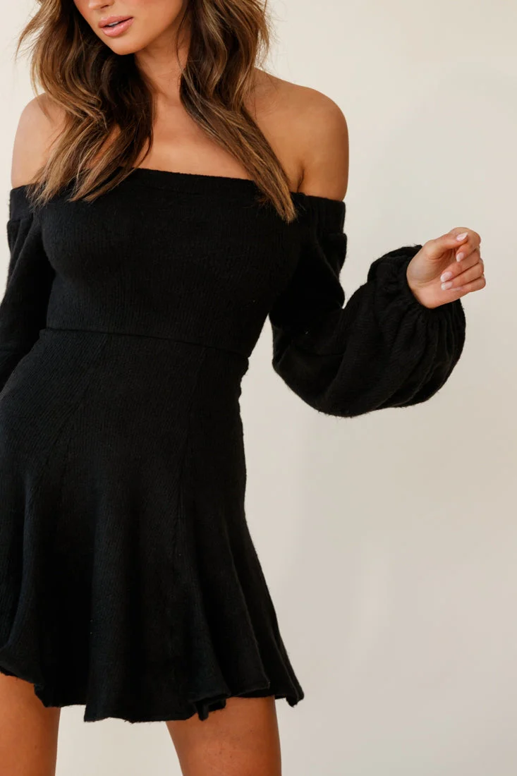 Morais Puff Sleeve Off the Shoulder Fit and Flare Sweater Dress Black - Image 4