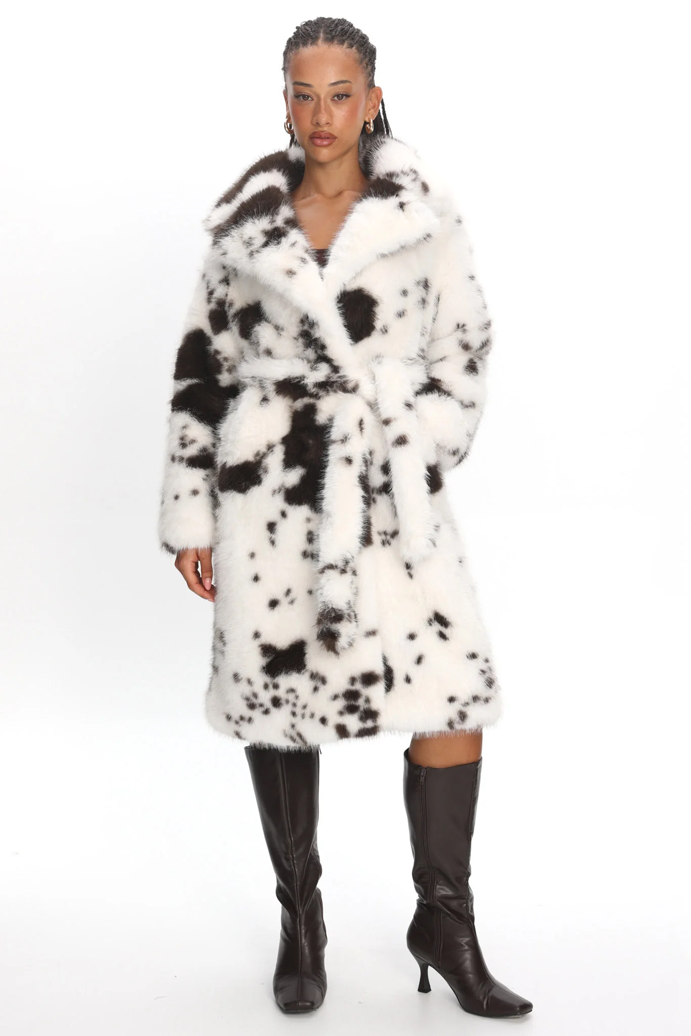 Morganne Faux Fur Waist Tie Coat Animal Print White/Brown