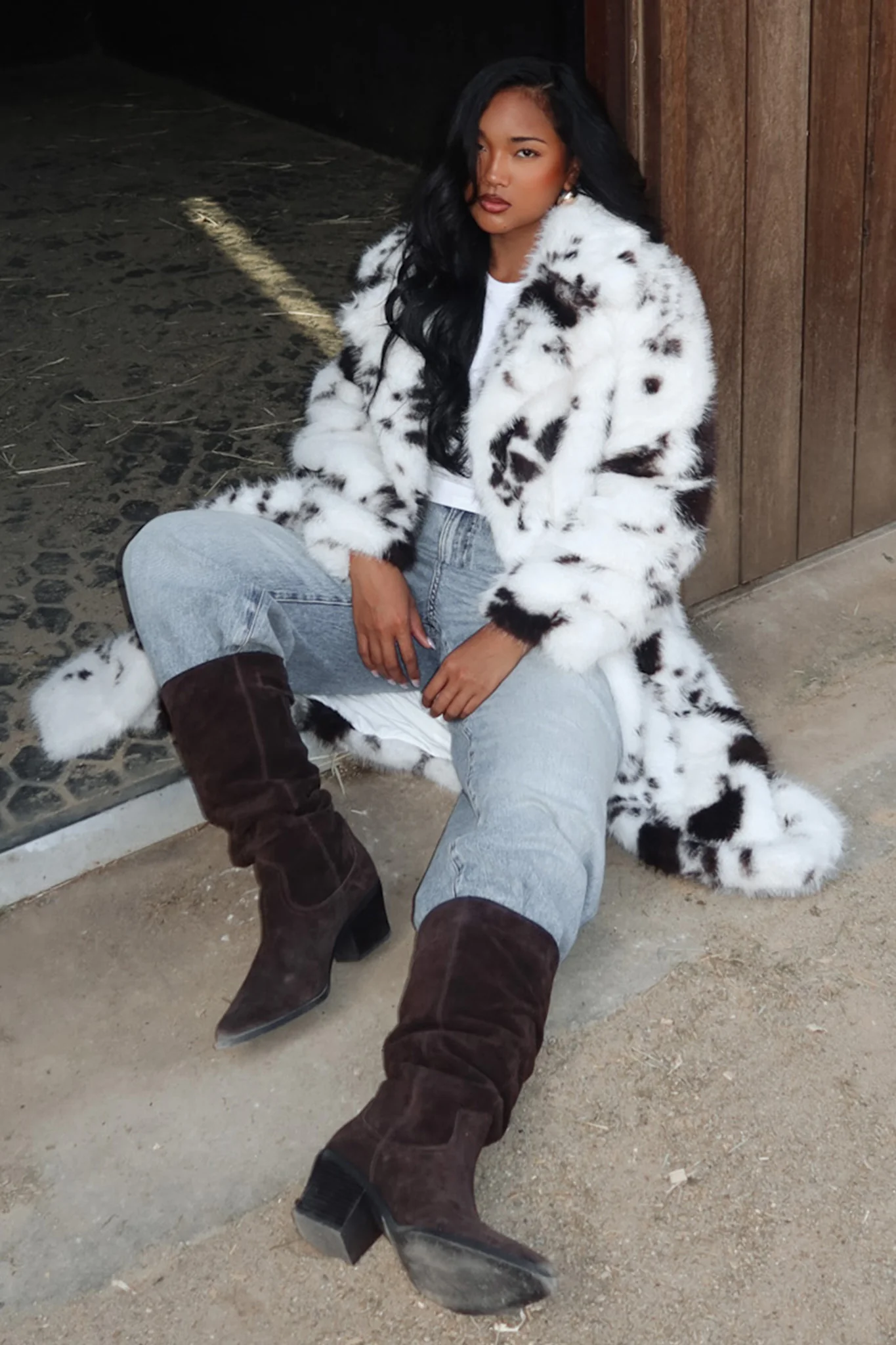 Morganne Faux Fur Waist Tie Coat Animal Print White/Brown - Image 2