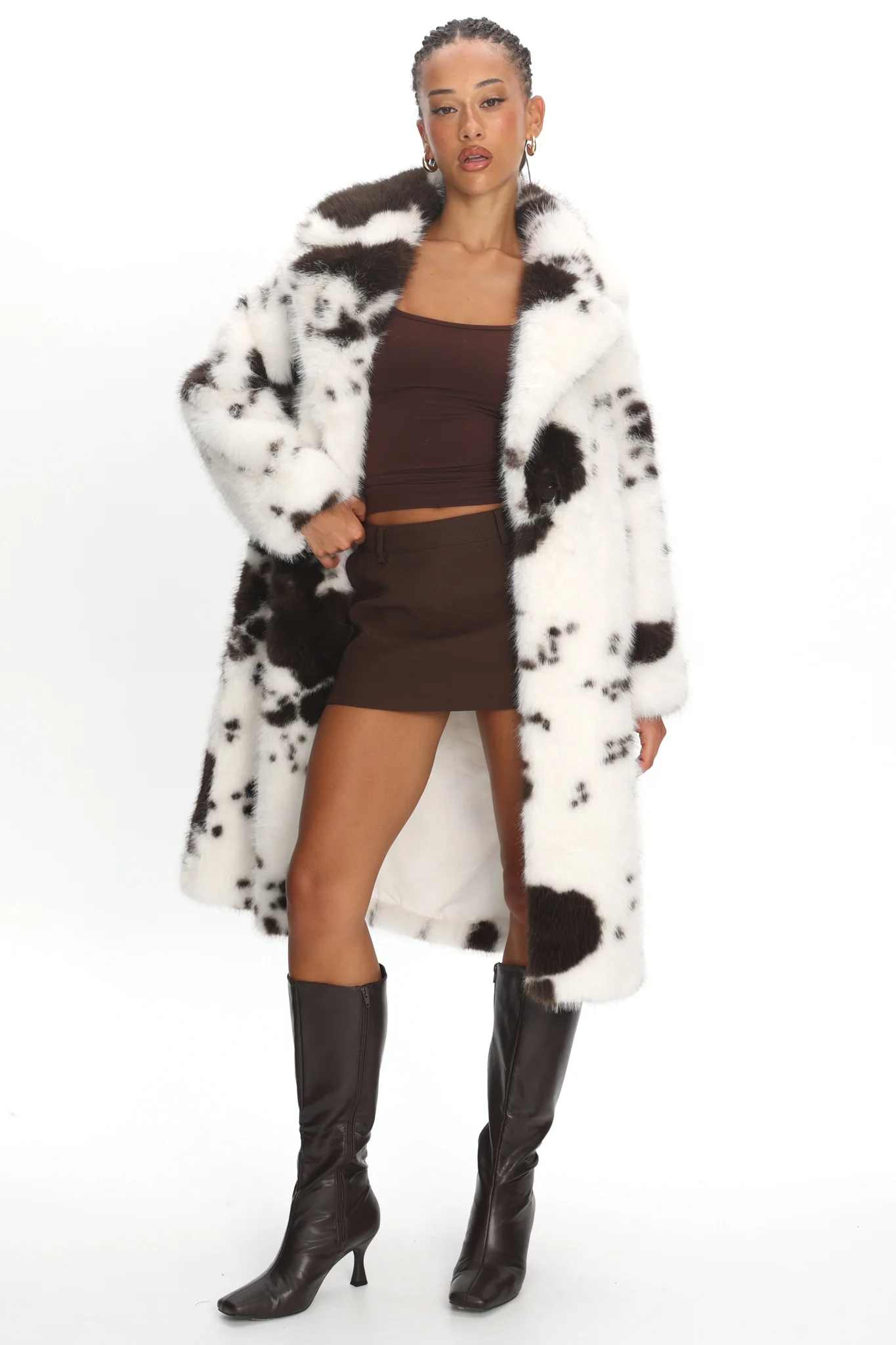 Morganne Faux Fur Waist Tie Coat Animal Print White/Brown - Image 3