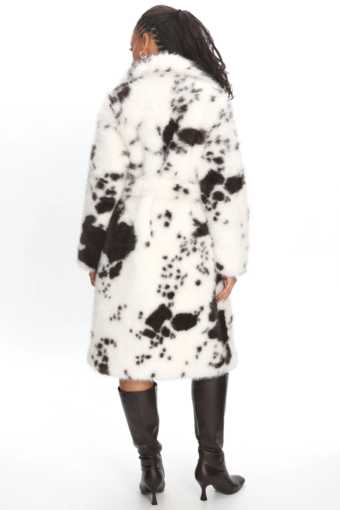 Morganne Faux Fur Waist Tie Coat Animal Print White/Brown - Image 4