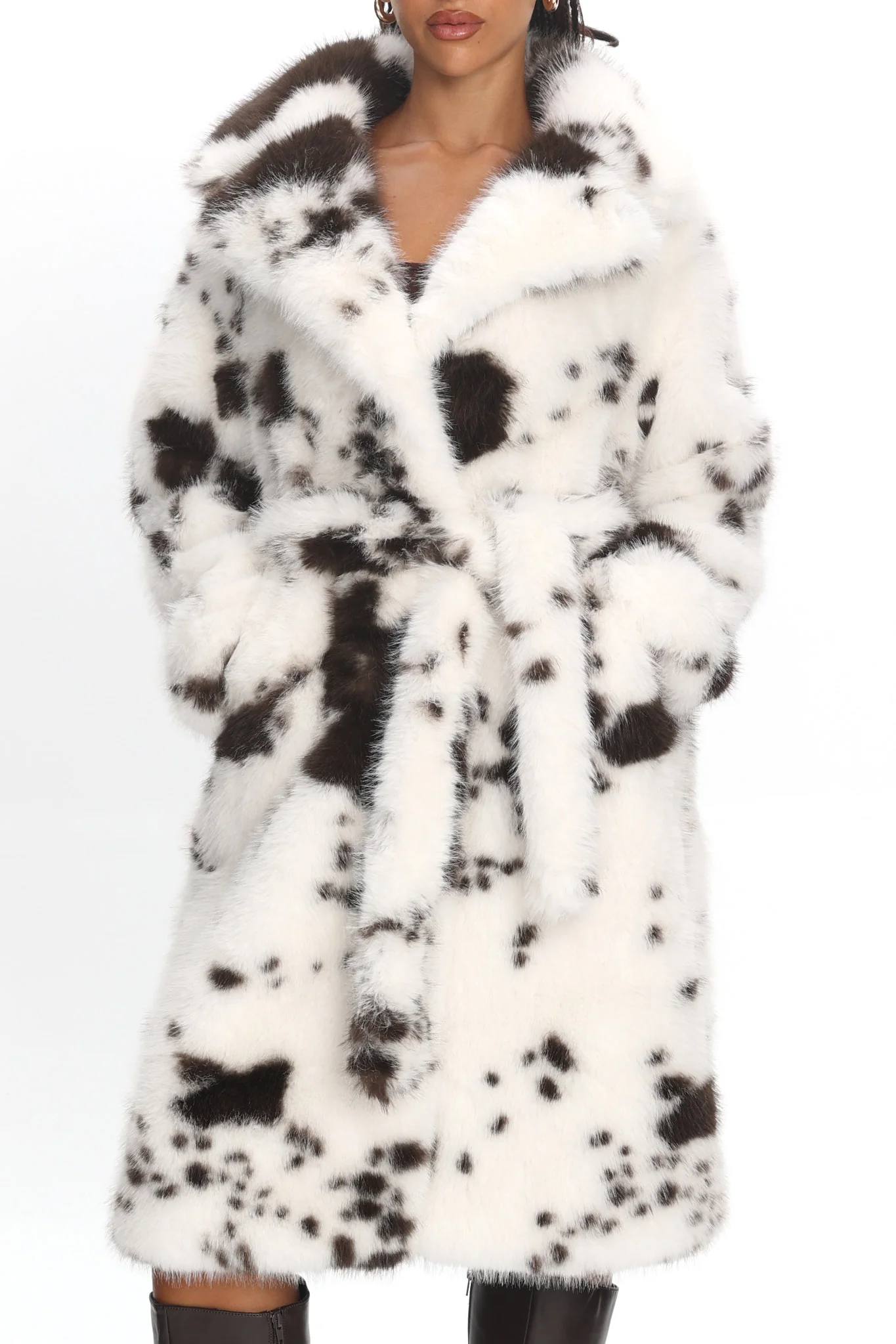 Morganne Faux Fur Waist Tie Coat Animal Print White/Brown - Image 5