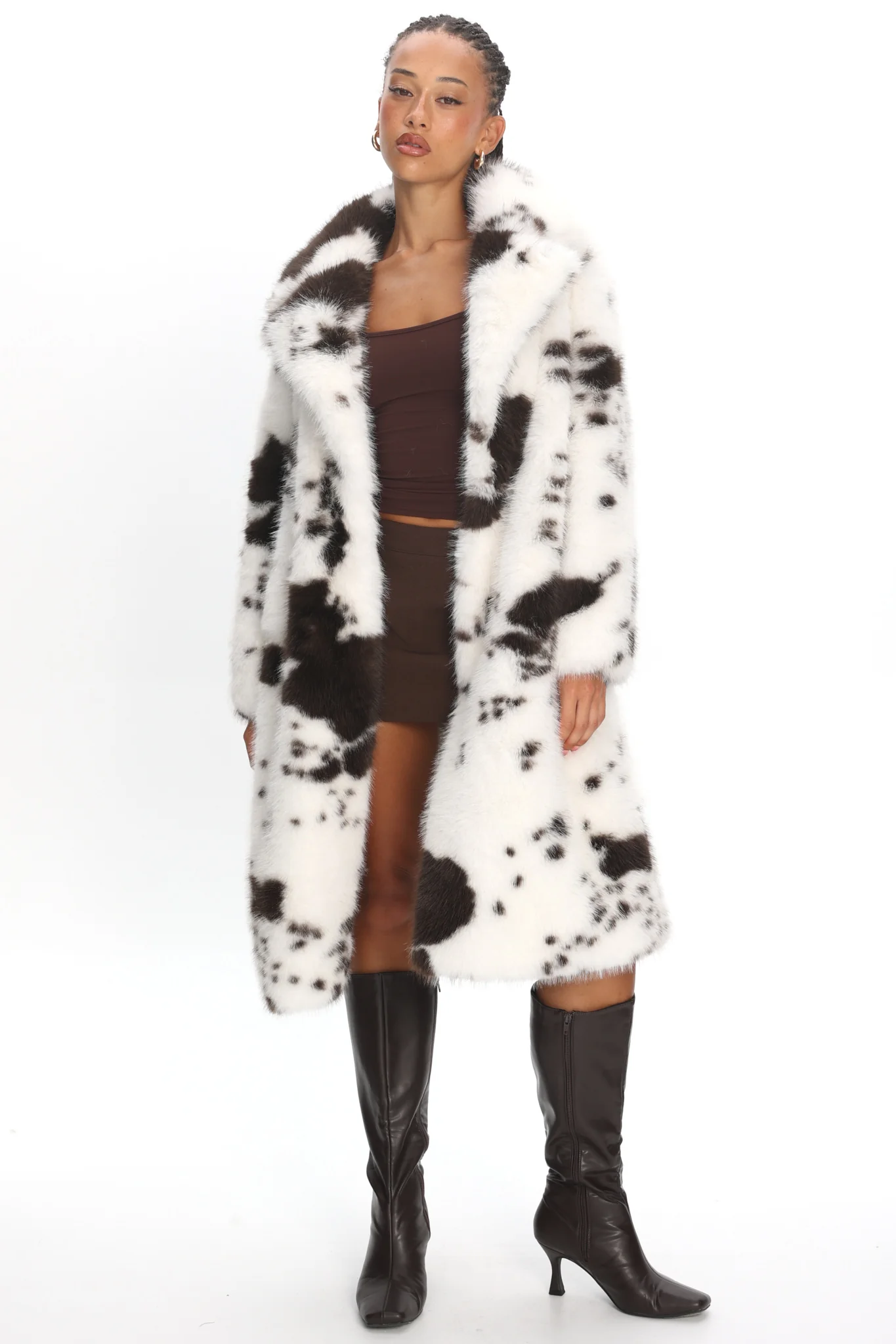 Morganne Faux Fur Waist Tie Coat Animal Print White/Brown - Image 6