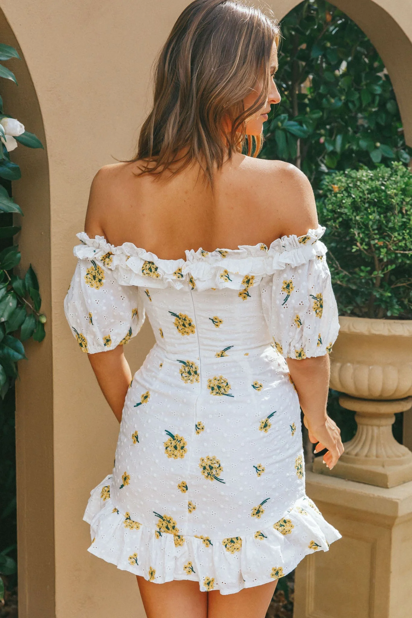 Morning Song Off-Shoulder Frill Trim Embroidery Dress Floral Print Yellow - Image 2