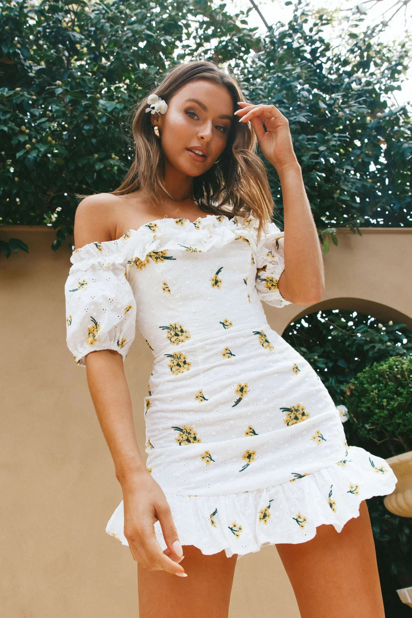 Morning Song Off-Shoulder Frill Trim Embroidery Dress Floral Print Yellow - Image 8