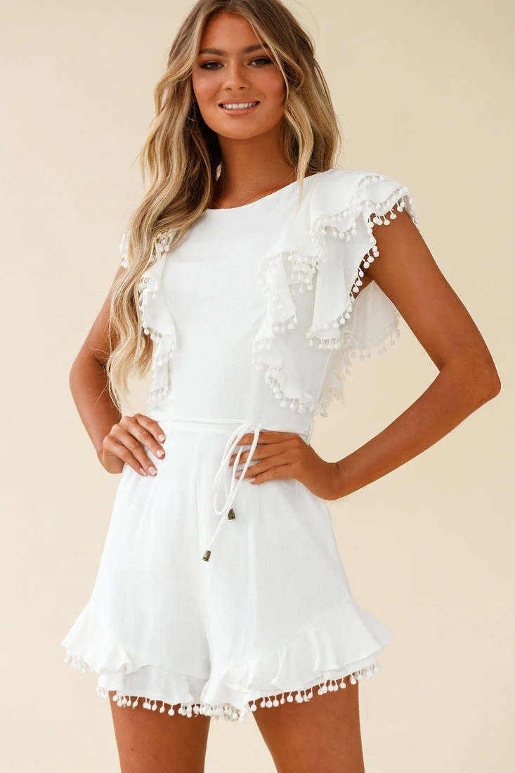Must Be Nice Frill Shoulder Circle Trim Romper White - Image 4