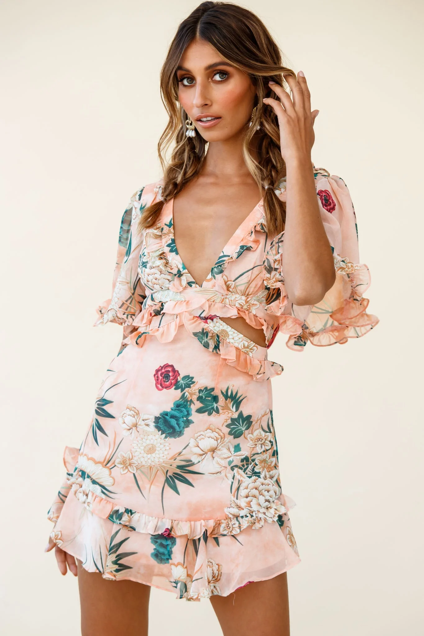 My Belle Cut-Out Detail Frill Accent Dress Floral Print Orange - Image 4